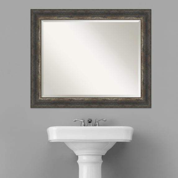 Amanti Art Beveled Bathroom Wall Mirror - Bark Rustic Char Frame Bark Rustic Char Outer Size: 33 x 27 in Silver, Brown, Black