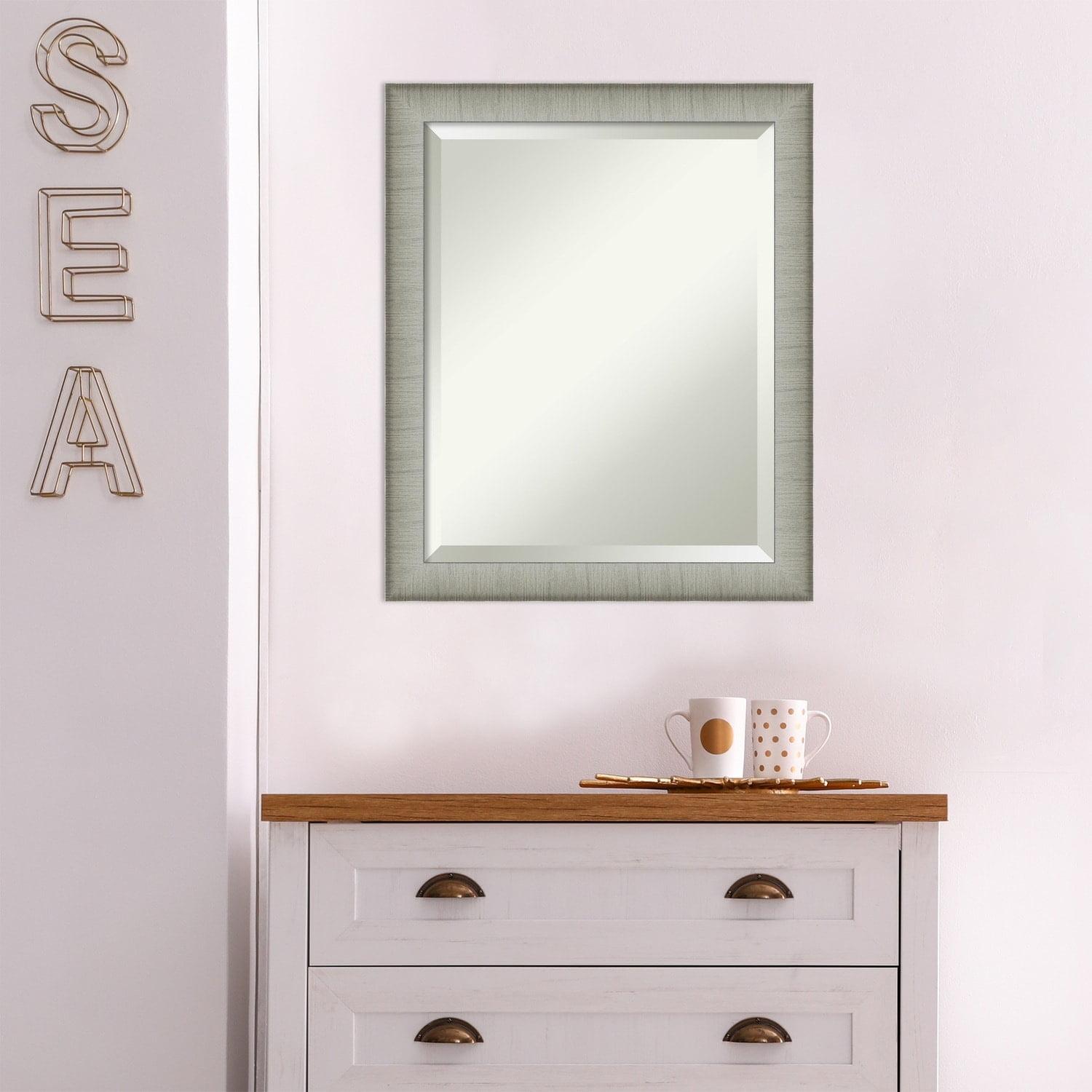 Amanti Art Beveled Bathroom Wall Mirror - Elegant Frame Elegant Brushed Pewter Narrow Outer Size: 19 x 23 in Silver