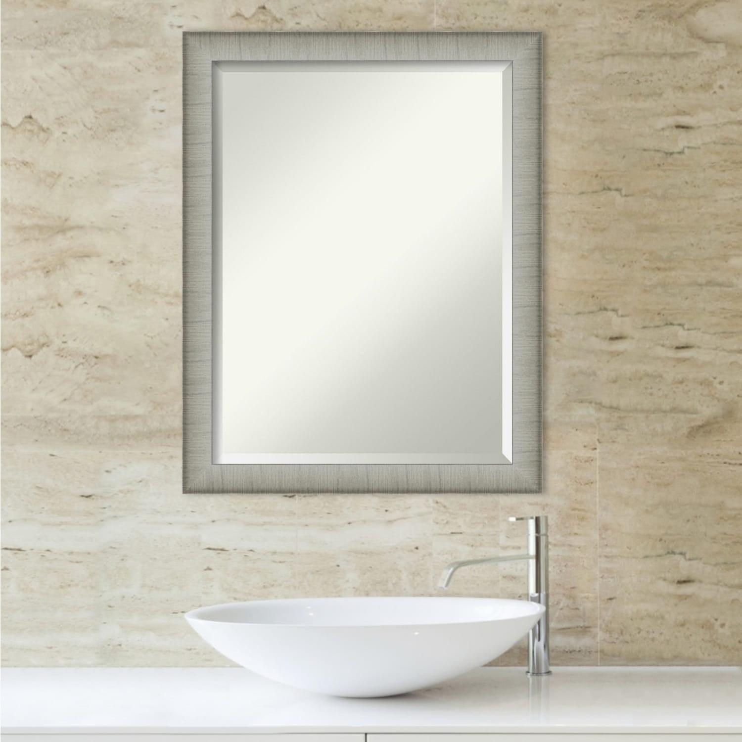 Amanti Art Beveled Bathroom Wall Mirror - Elegant Frame Elegant Brushed Pewter Narrow Outer Size: 21 x 27 in Silver