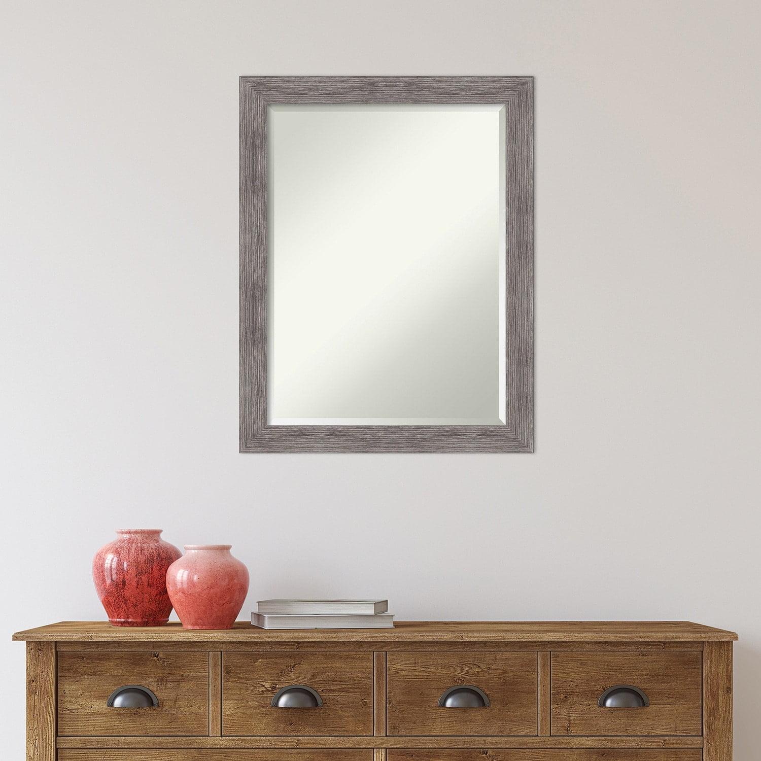Amanti Art Beveled Bathroom Wall Mirror - Pinstripe Frame Pinstripe Plank Grey Narrow Outer Size: 21 x 27 in