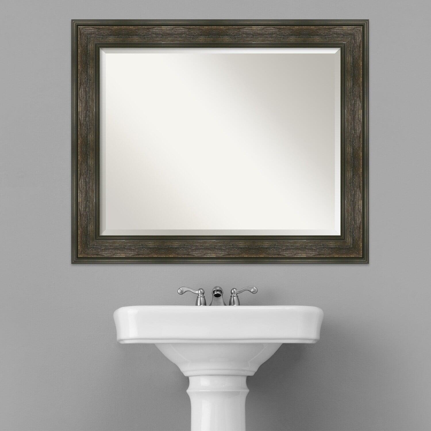 Amanti Art Beveled Bathroom Wall Mirror - Rail Rustic Char Frame - Rail Rustic Char Outer Size: 34 x 28 in