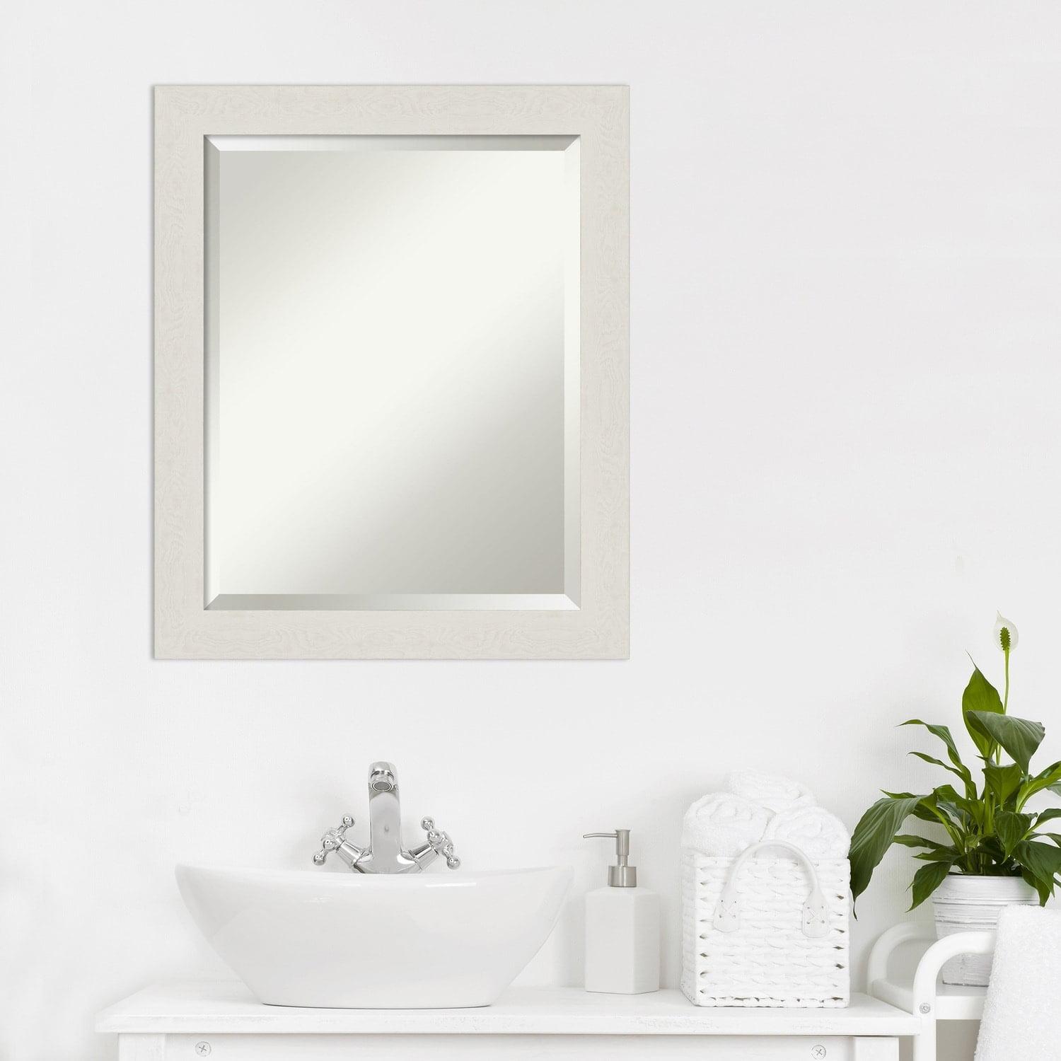Amanti Art Beveled Bathroom Wall Mirror - Rustic Plank White Narrow Frame Outer Size: 19 x 23 in