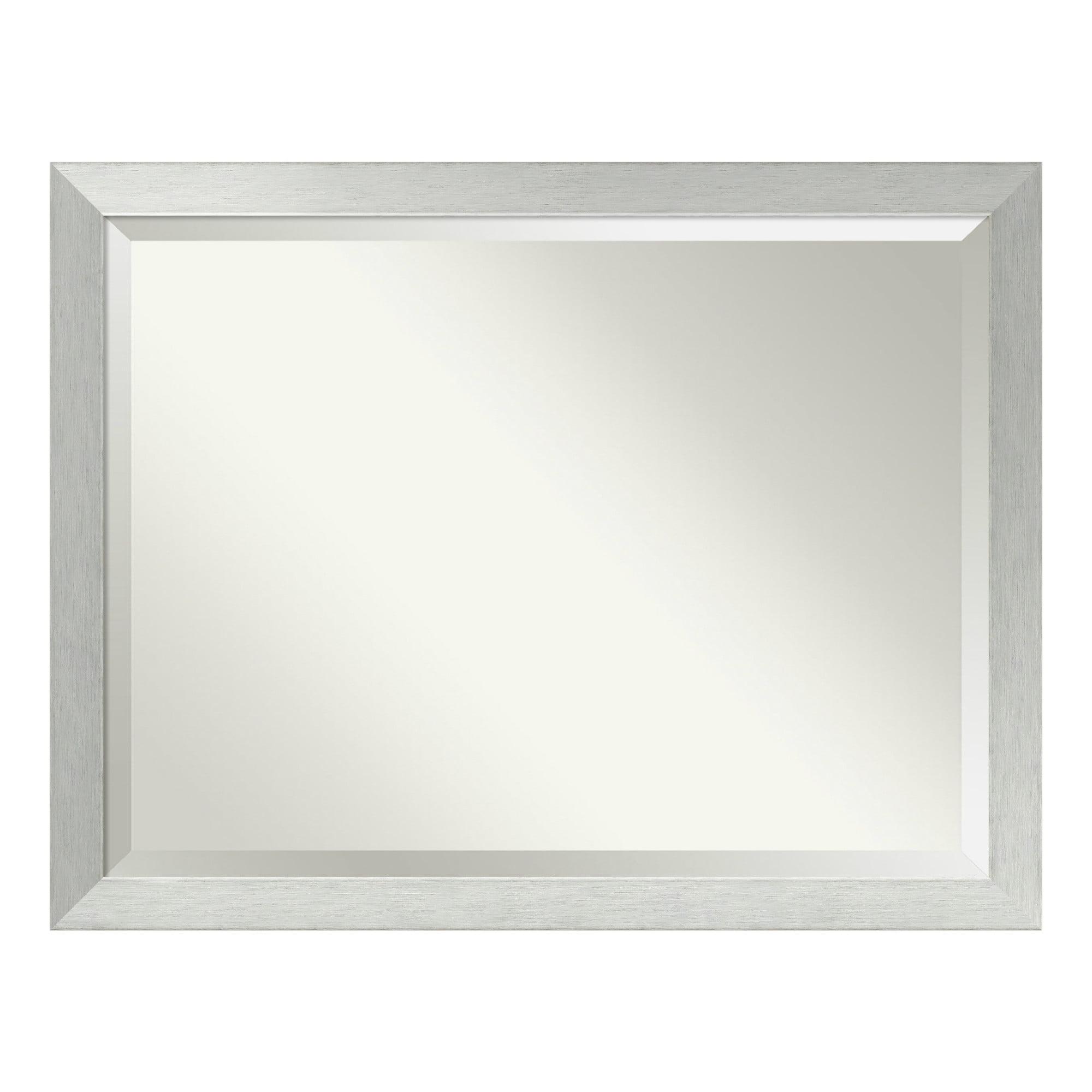 Brushed Sterling Silver Beveled Wood Bathroom Wall Mirror