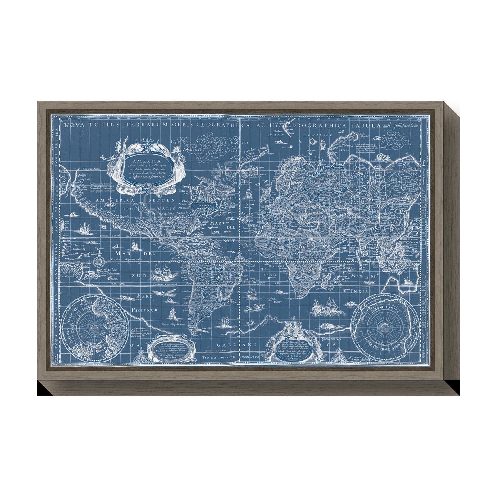 Amanti Art Blueprint World Map by Willem Blaeu Canvas Wall Art Print Framed 23-in. x 16-in.