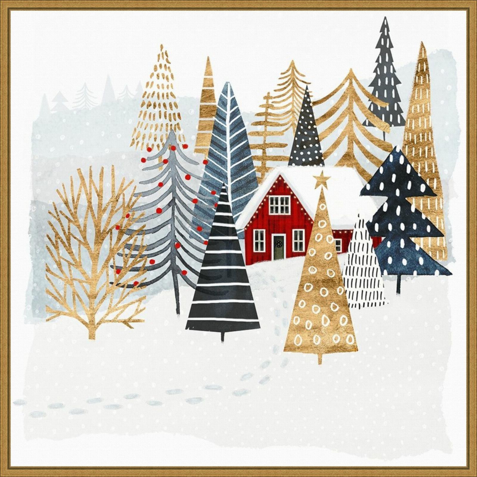 22" x 22" Christmas Chalet I Tree Framed Wall Canvas - Amanti Art