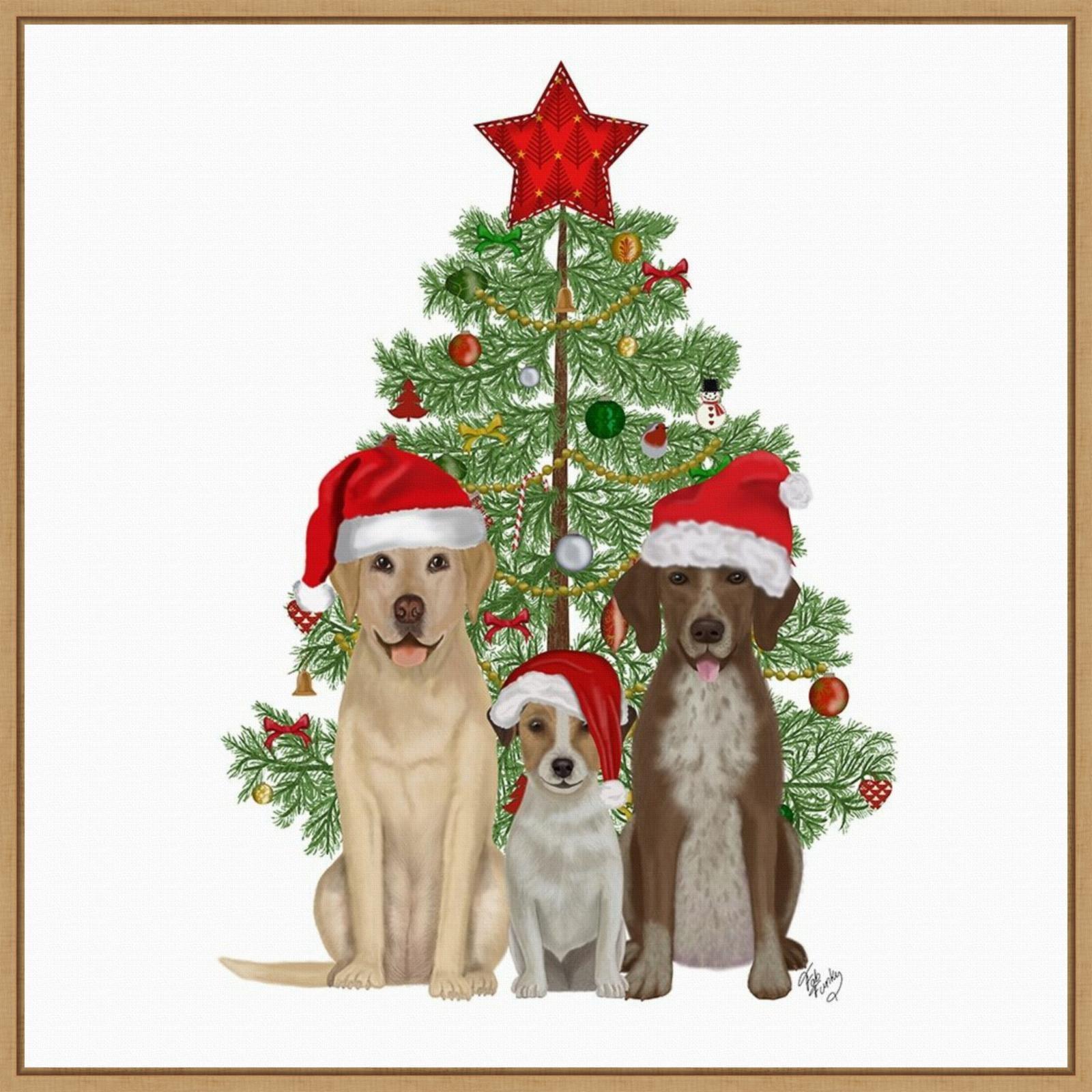 Christmas Dog Trio Tree Framed Canvas Wall Art