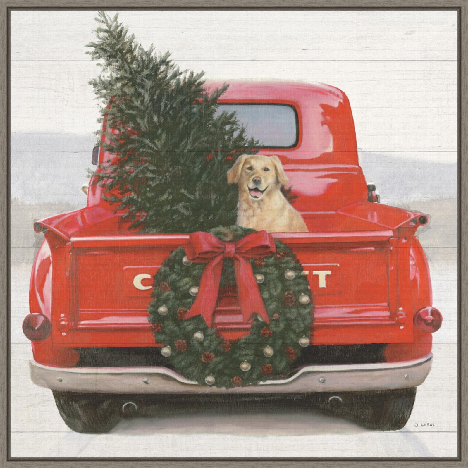 Christmas Red Truck with Dog Framed Canvas Wall Art