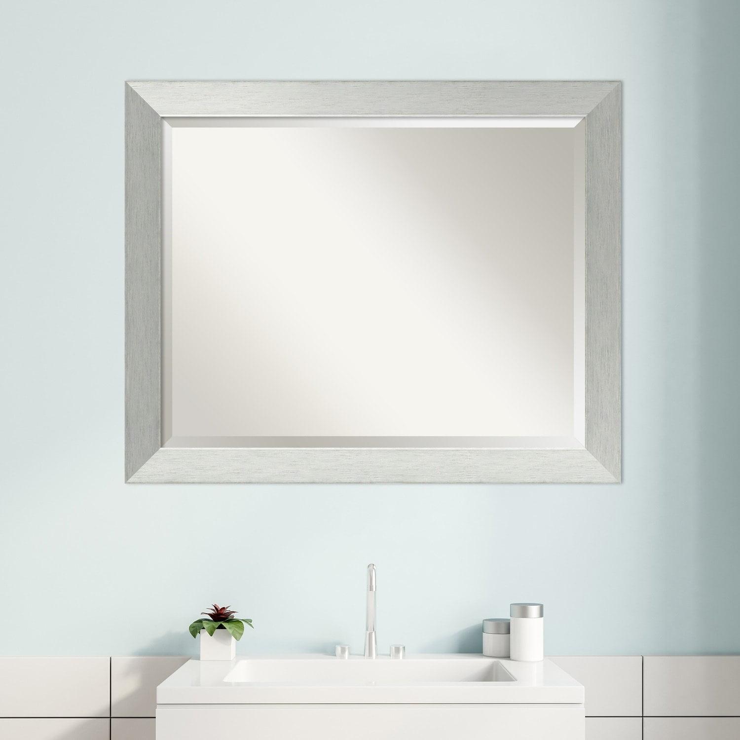 Elegant Brushed Sterling Silver Rectangular Wood Vanity Mirror