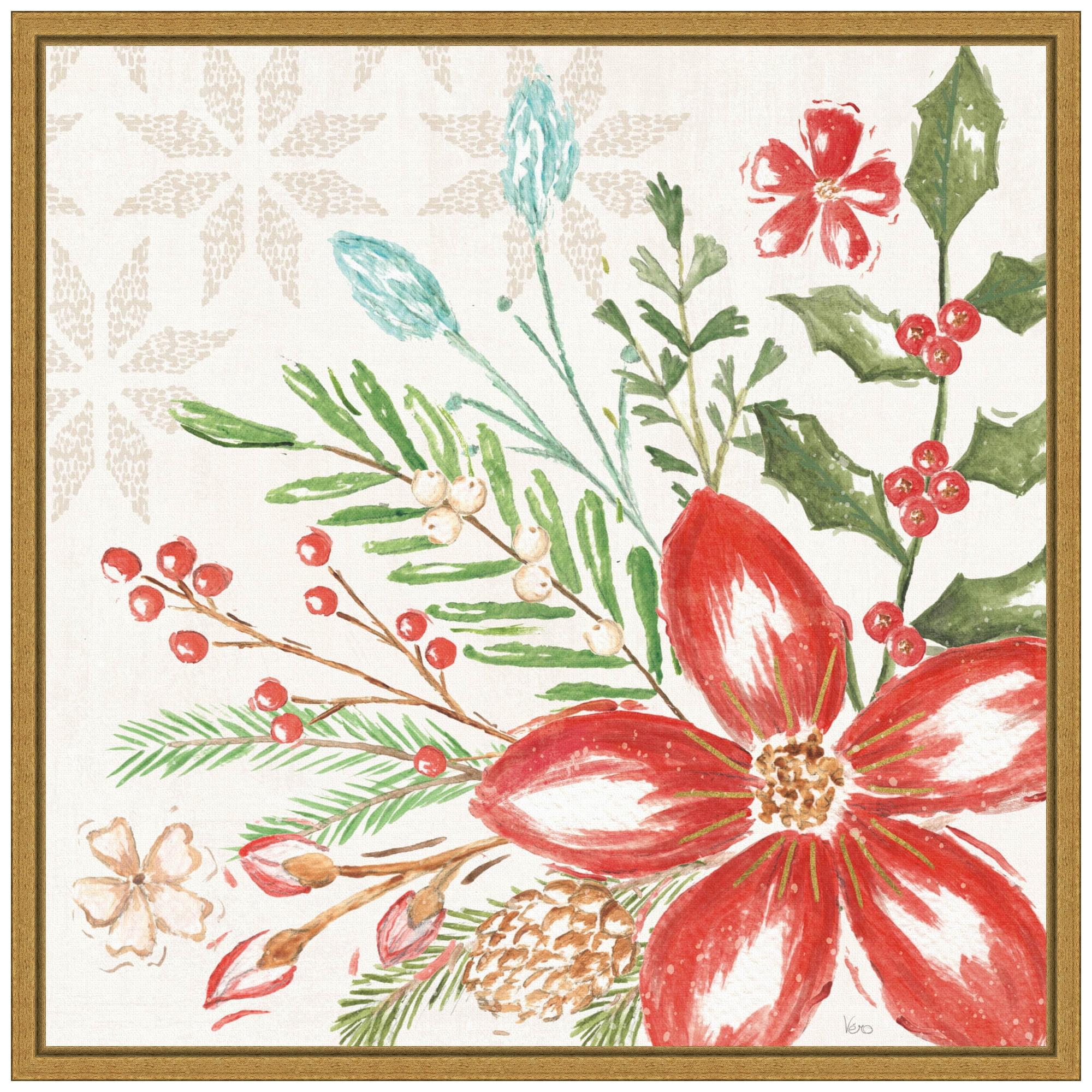 Elegant Holiday Botanical Red and Green Canvas Print with Gold Frame