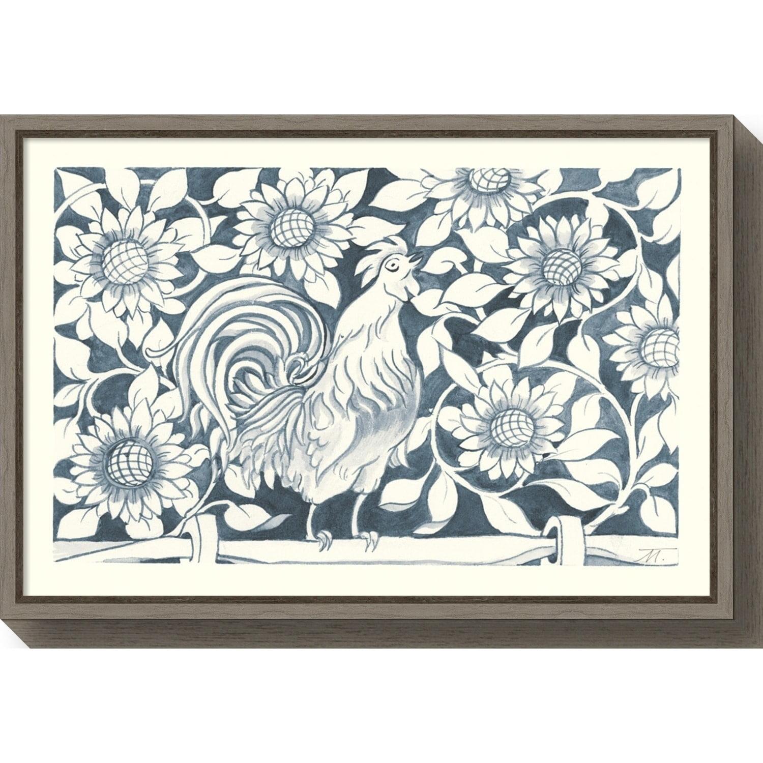 Rustic Farmhouse Blue and White Canvas Rooster Print with Gray Frame