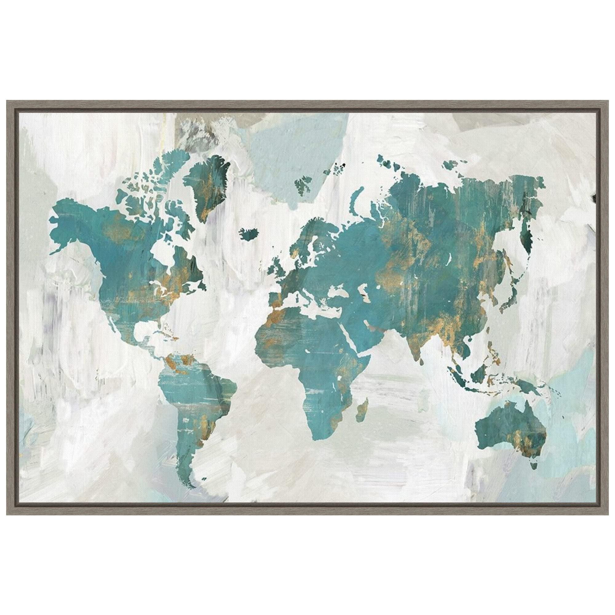 Amanti Art Teal World Map by Pamela Collabera Canvas Wall Art Print Framed 23 x 16-in.