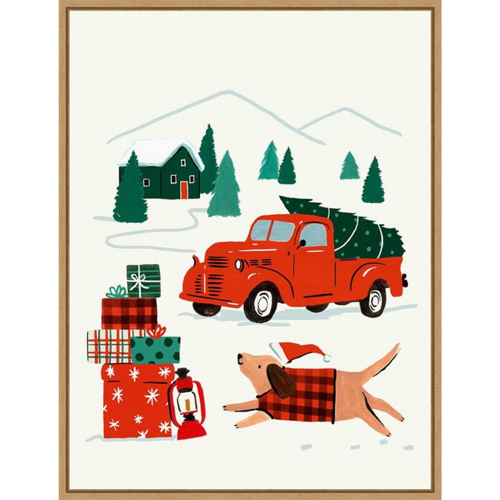 Holiday Scene Red Truck and Dog Framed Canvas Print