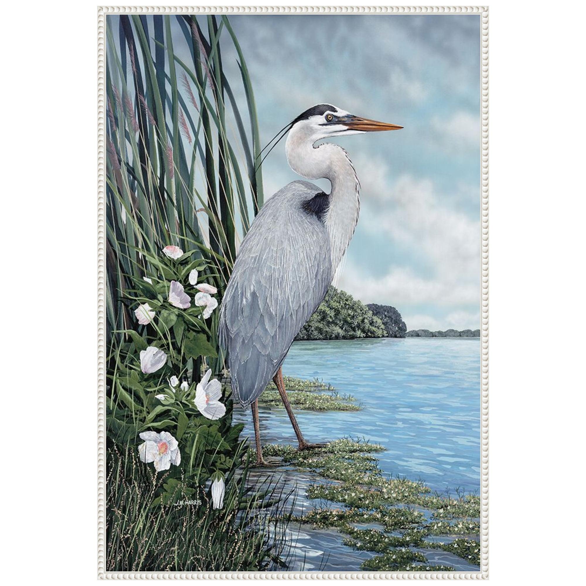 Great Blue Heron Coastal Scene Canvas Art with White Frame