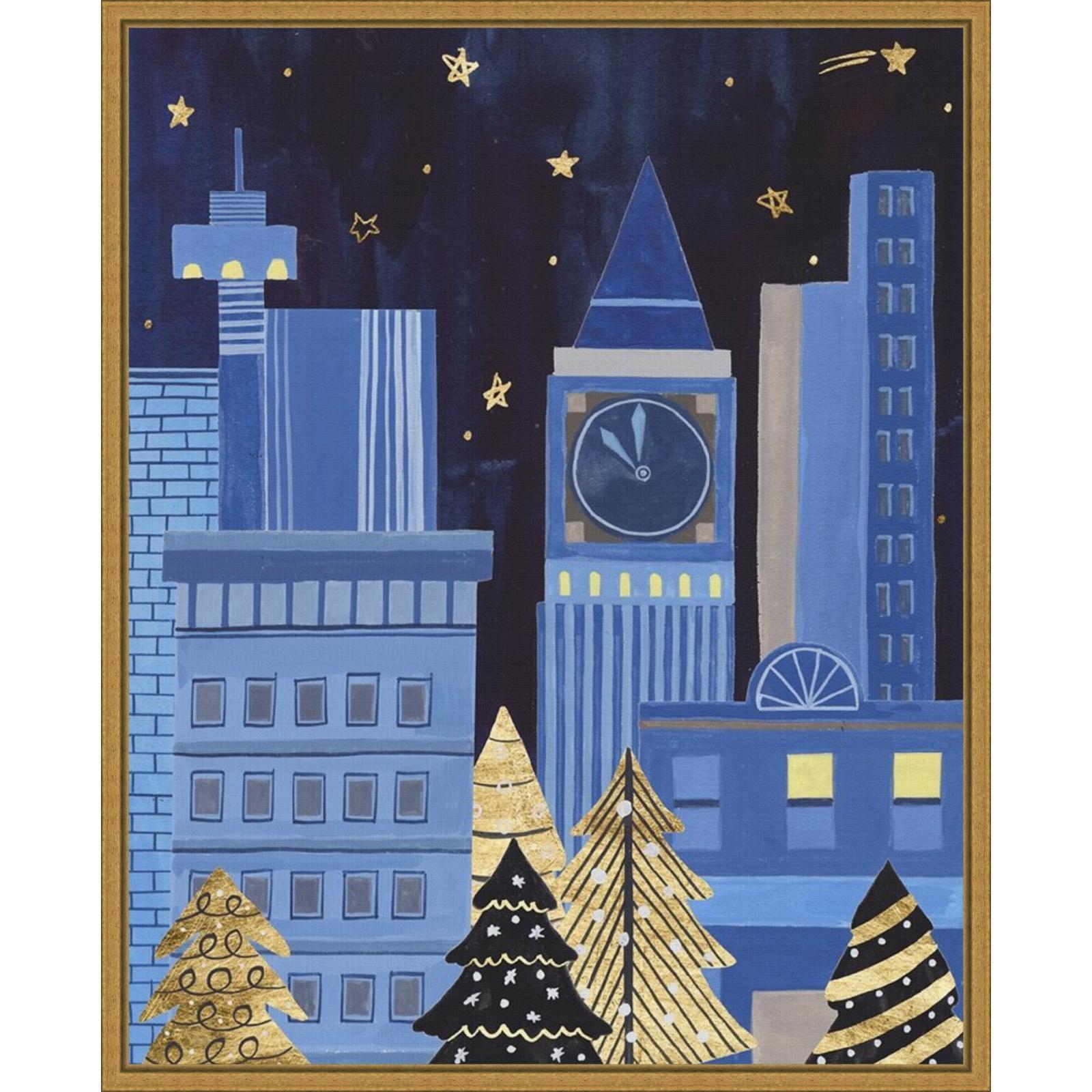 Holiday Night Blue and Gold Framed Canvas Print