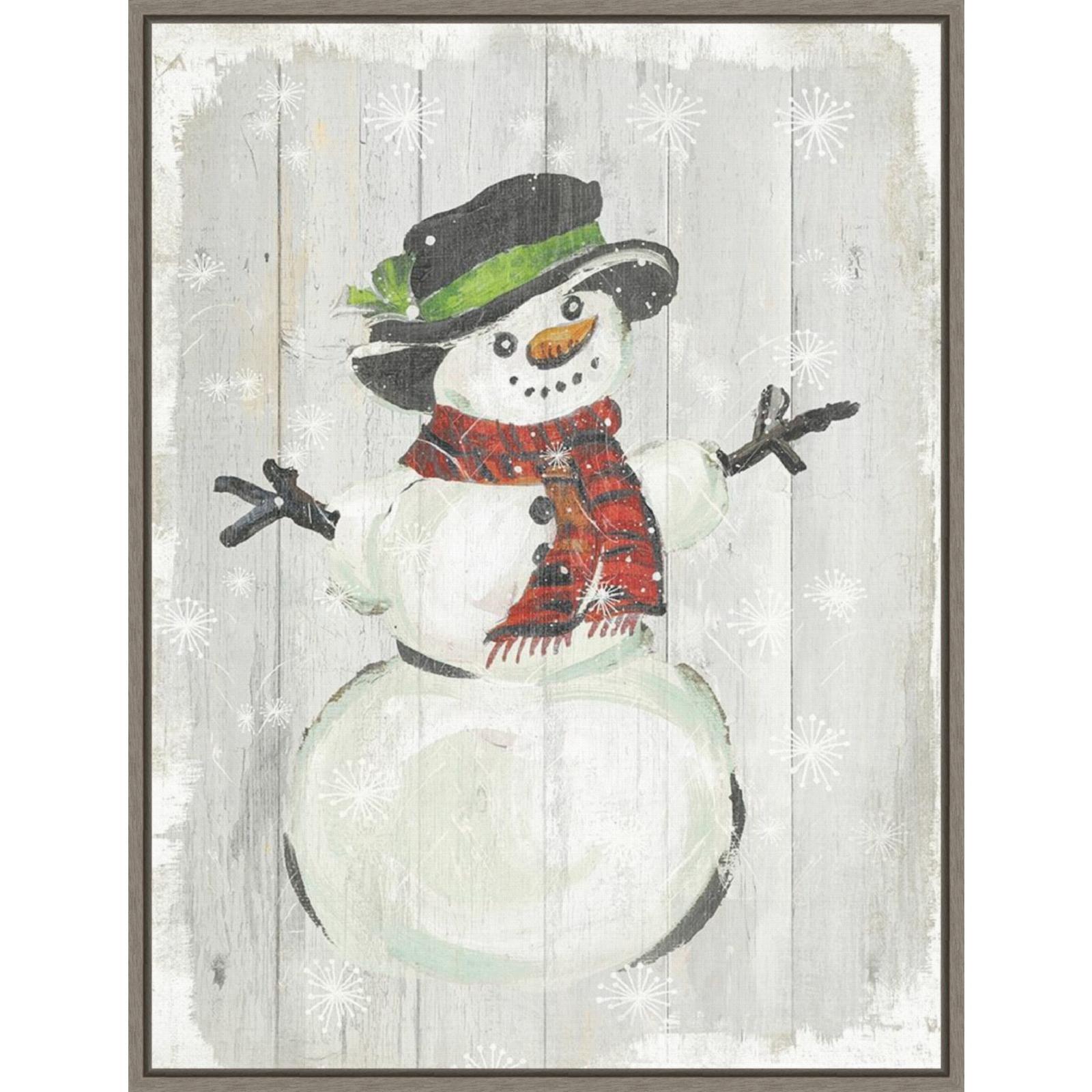 Holiday Snowman Framed Canvas Wall Art Print with Greywash Frame