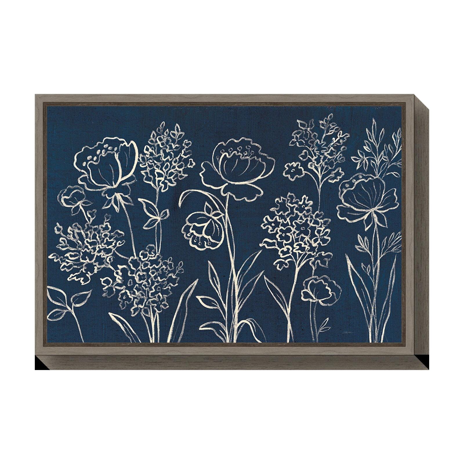 Indigo and White Floral Canvas Print with Gray Frame