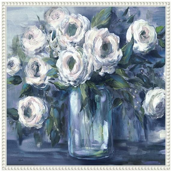 Amanti Art 22"x22" Indigo and White Blooms in Mason Jar by Tre Sorelle Studios Framed Canvas