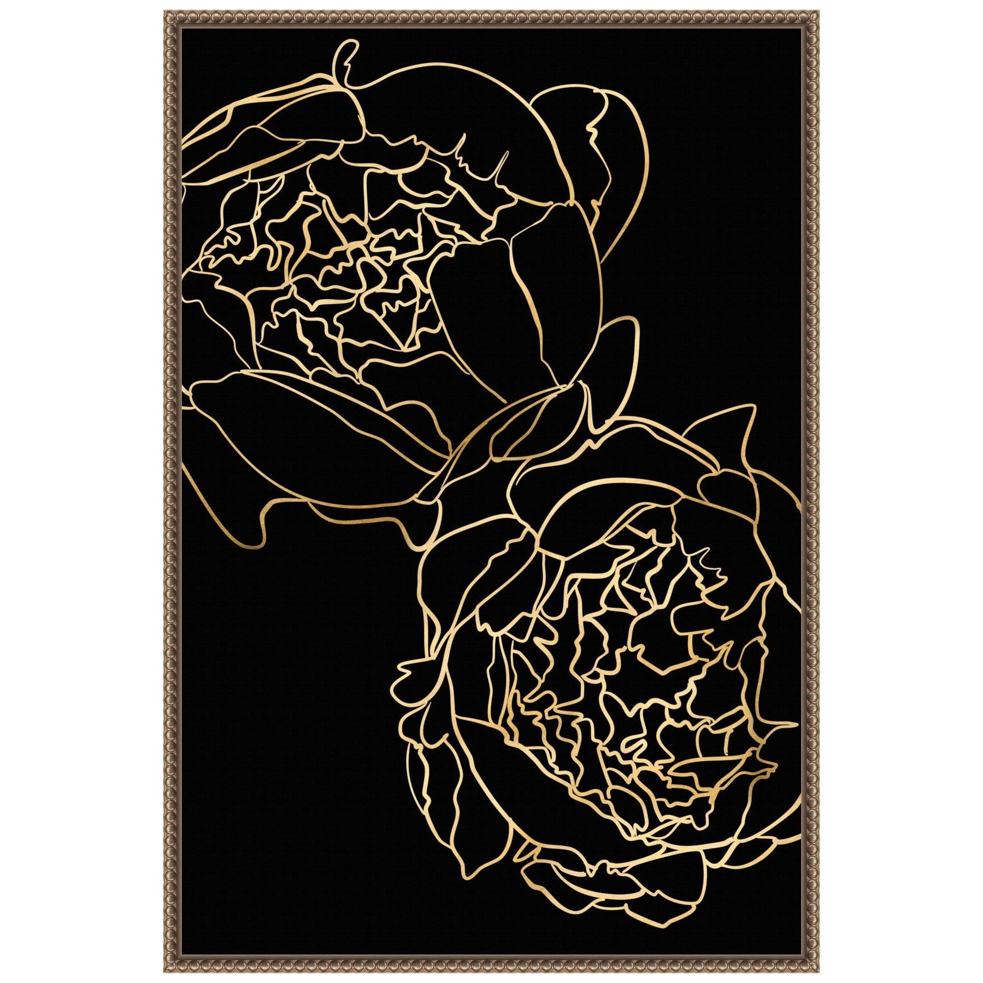 23"x33" Peonies in gold and black by Rosana Laiz Blursbyai Framed Canvas Wall Art Print Bronze - Amanti Art: Vertical Lithograph, Modern Decor