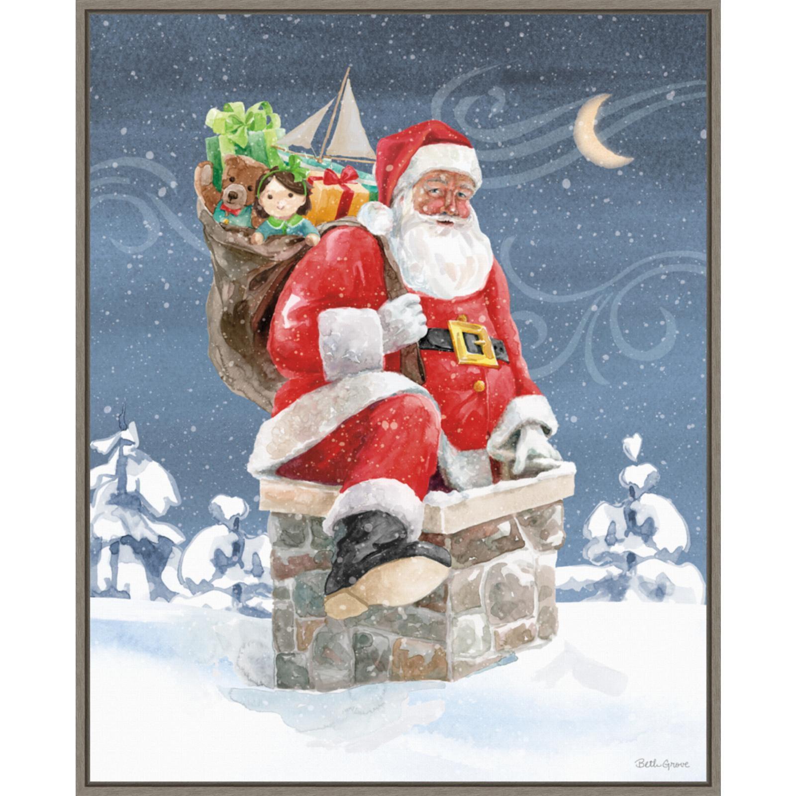 Santa Claus on Chimney Framed Canvas Wall Art