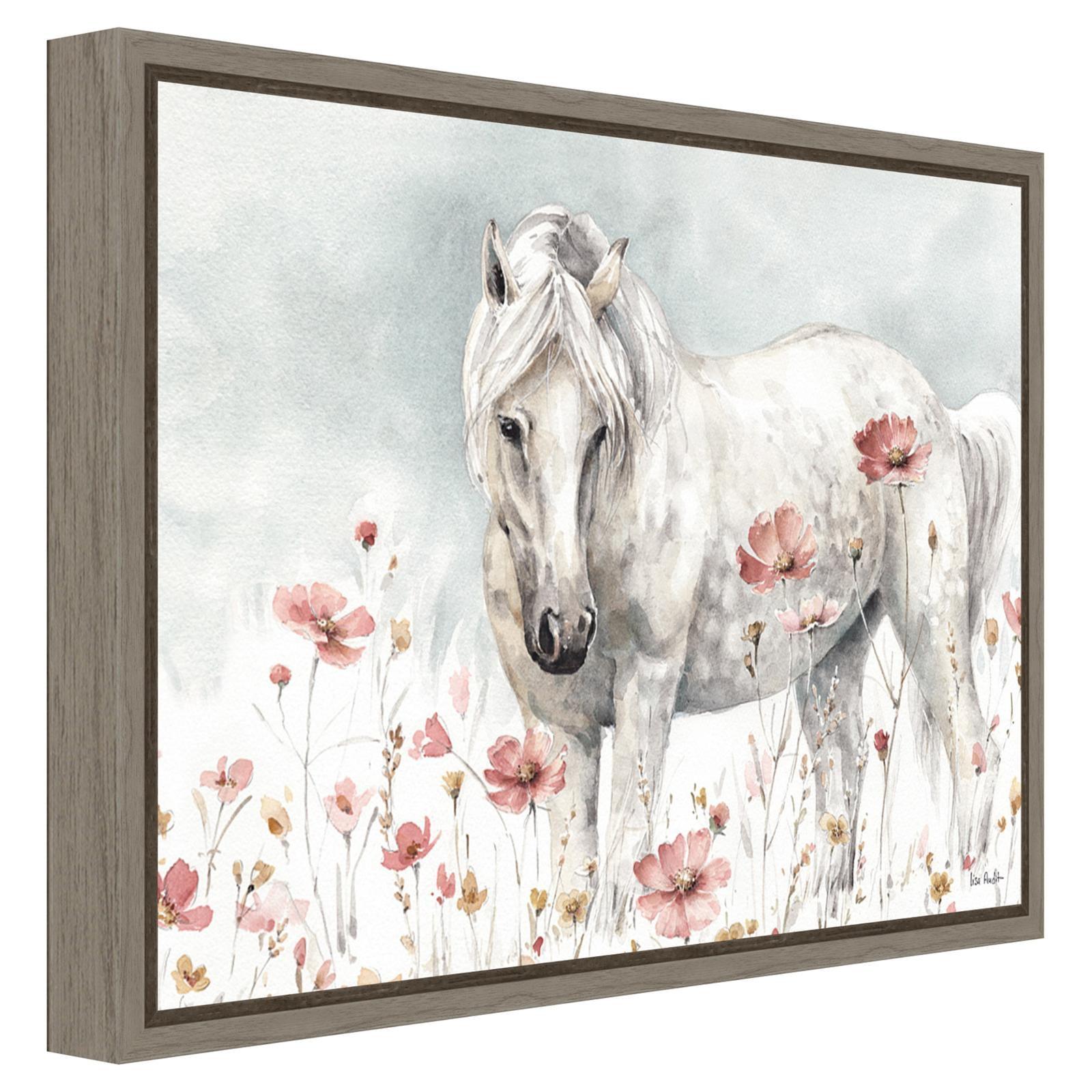 White Horse and Pink Flowers Canvas Wall Art