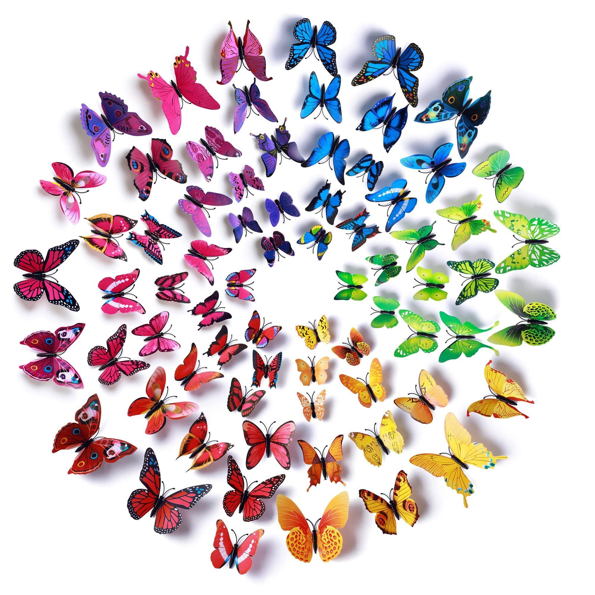 Amaonm 72 Pcs 6 Packages Beautiful 3D Butterfly Wall Decals Removable DIY Home Decorations Art Decor Wall Stickers & Murals for Babys Bedroom Tv Background Living Room (Colorful, Six Color) Colorful