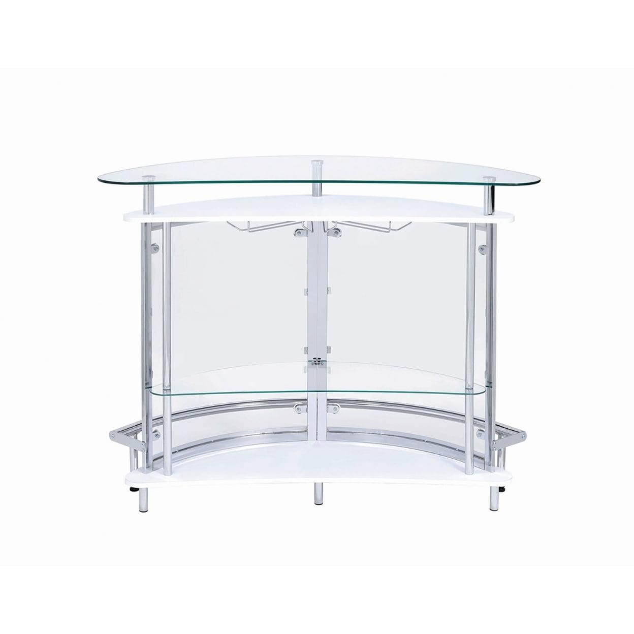 White and Chrome Glass Top Freestanding Home Bar Cabinet