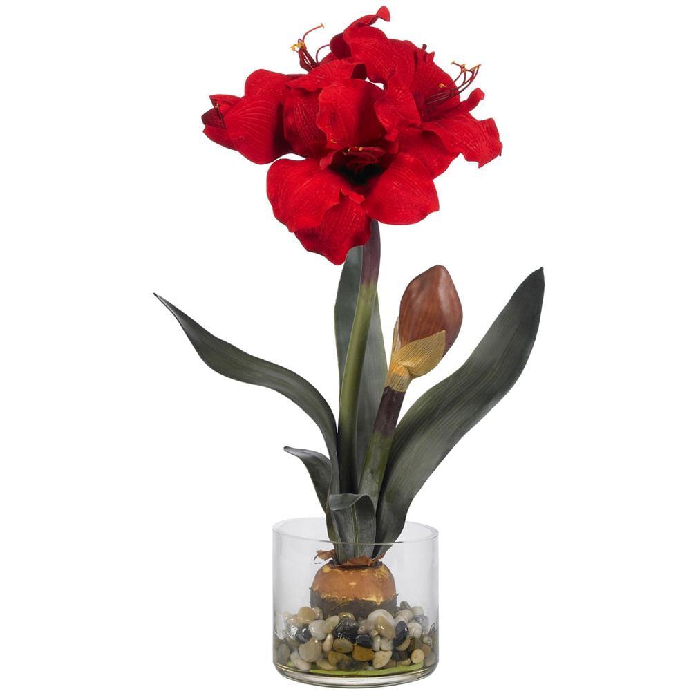 Nearly Natural Red Amaryllis Artificial Flower Arrangement with Round Vase