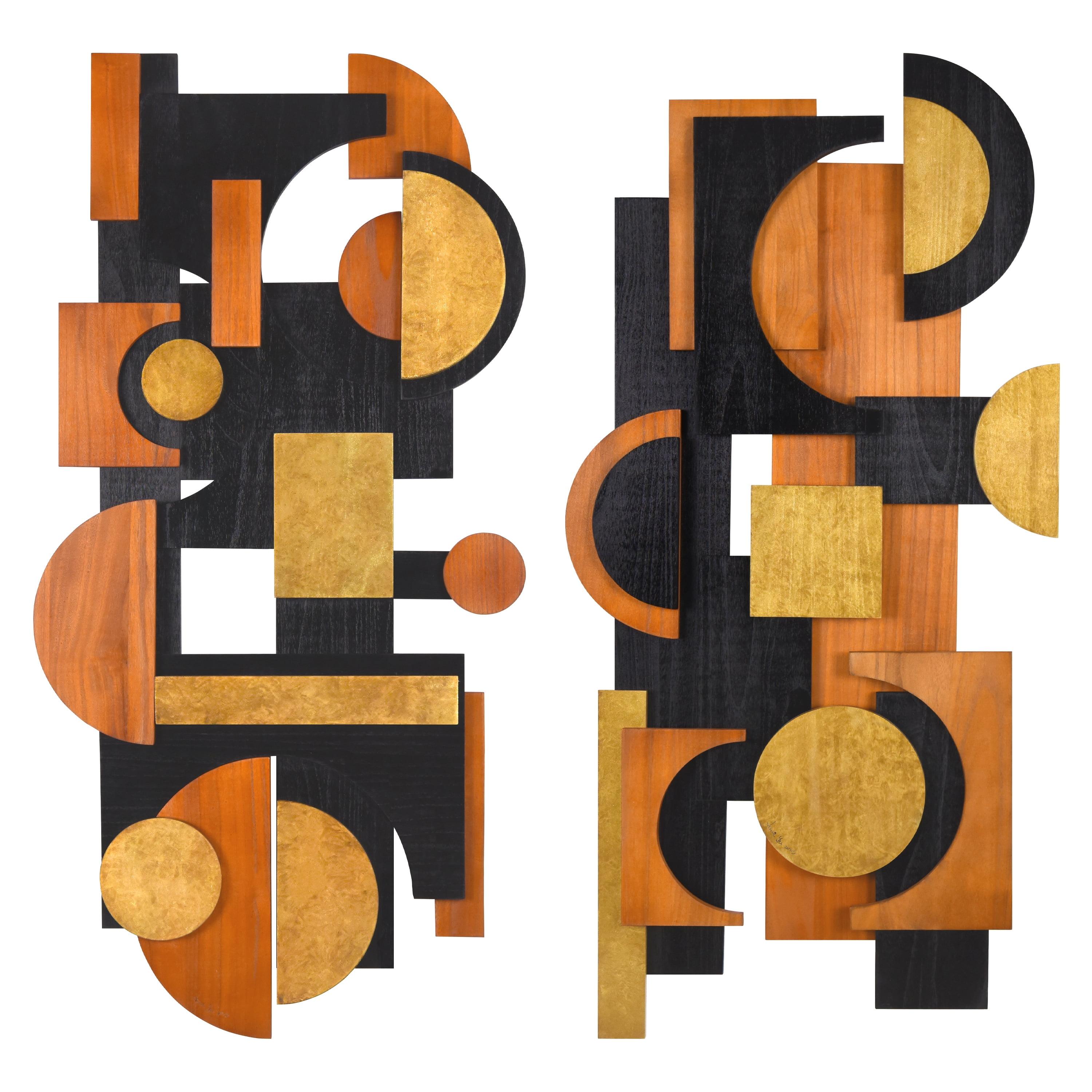 Empire Art Direct "Amber Embraces I & II" Hand Made & Hand Finished Dimensional Solid Wood Abstracts