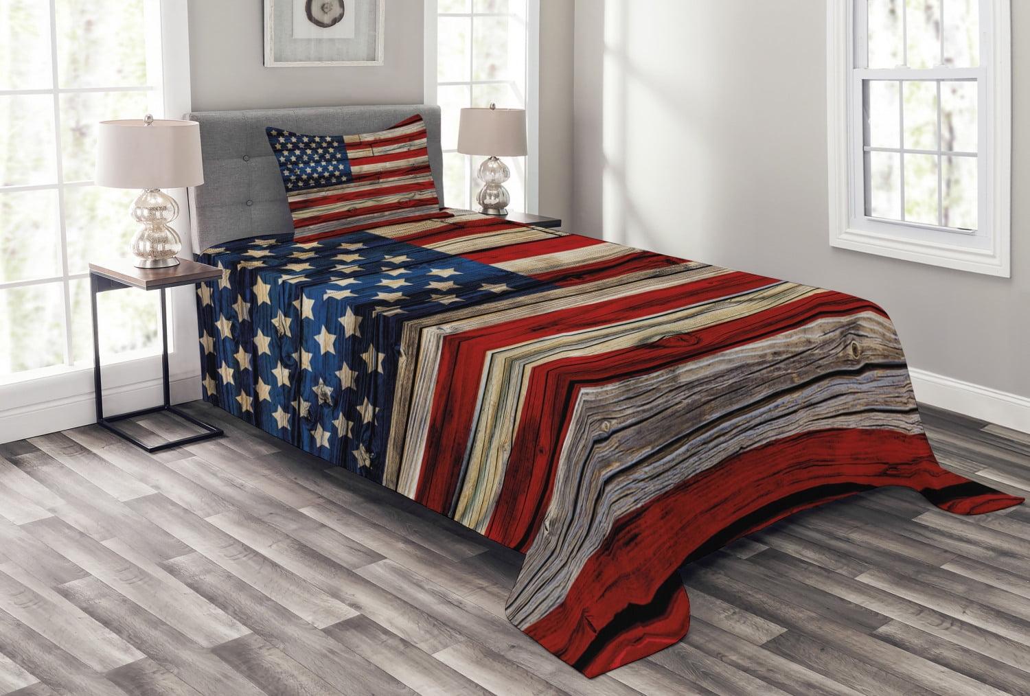 Ambesonne 4th of July Bedspread Set Wood Planks Flag Red Beige Navy Blue