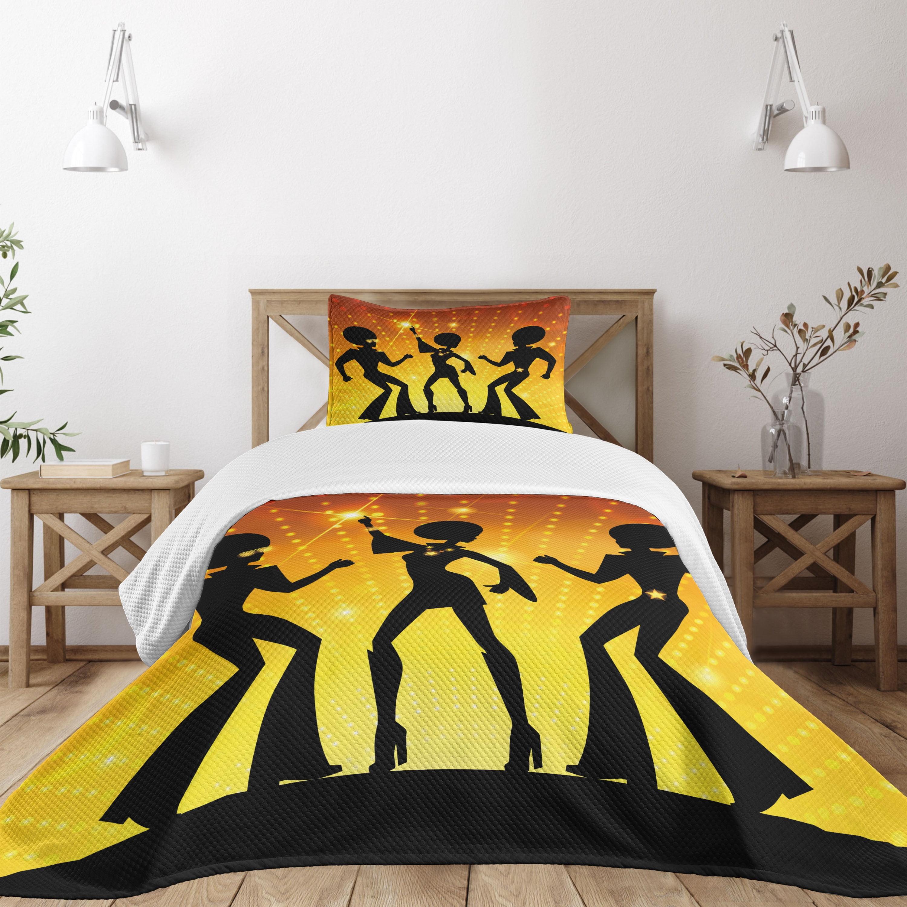 Ambesonne 70s Party Bedspread Set 2 Pcs Dancing Afro People Twin Orange Yellow Black