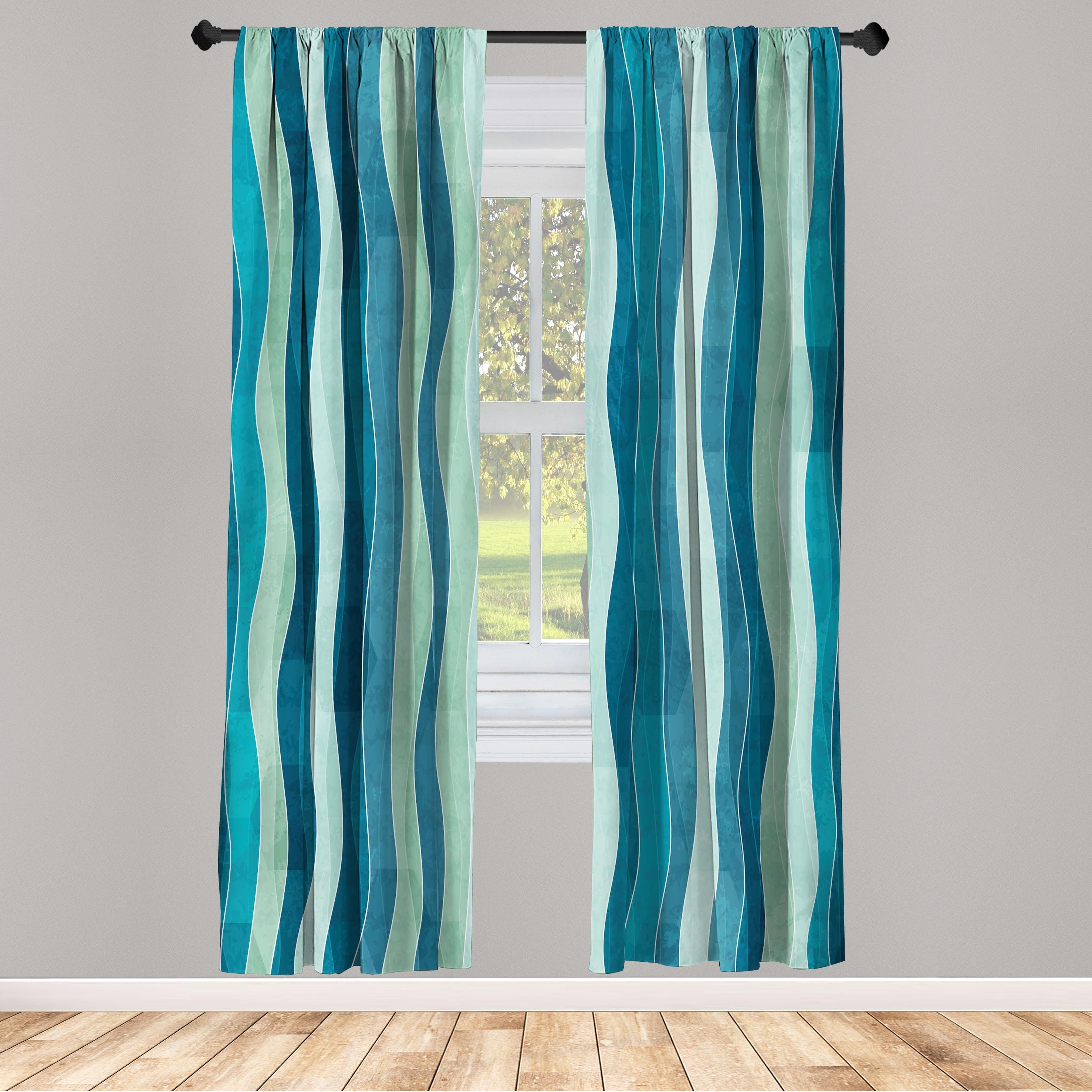 Blue and Green Abstract Wave Rod Pocket Curtain Panels, 28" x 84"