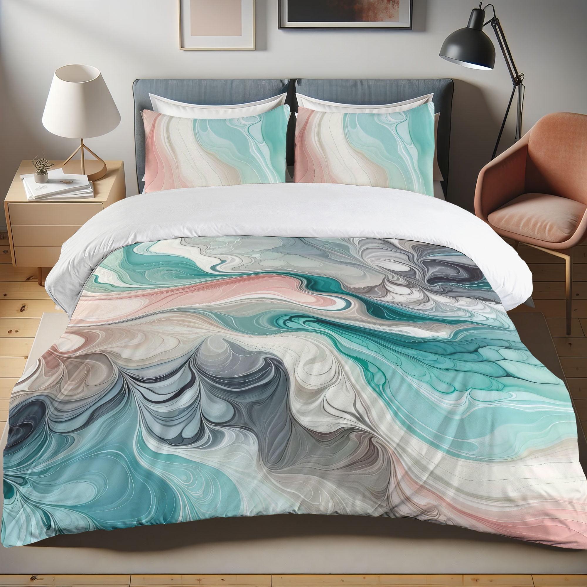 Seafoam Grey Teal Abstract Marble Queen Duvet Cover Set