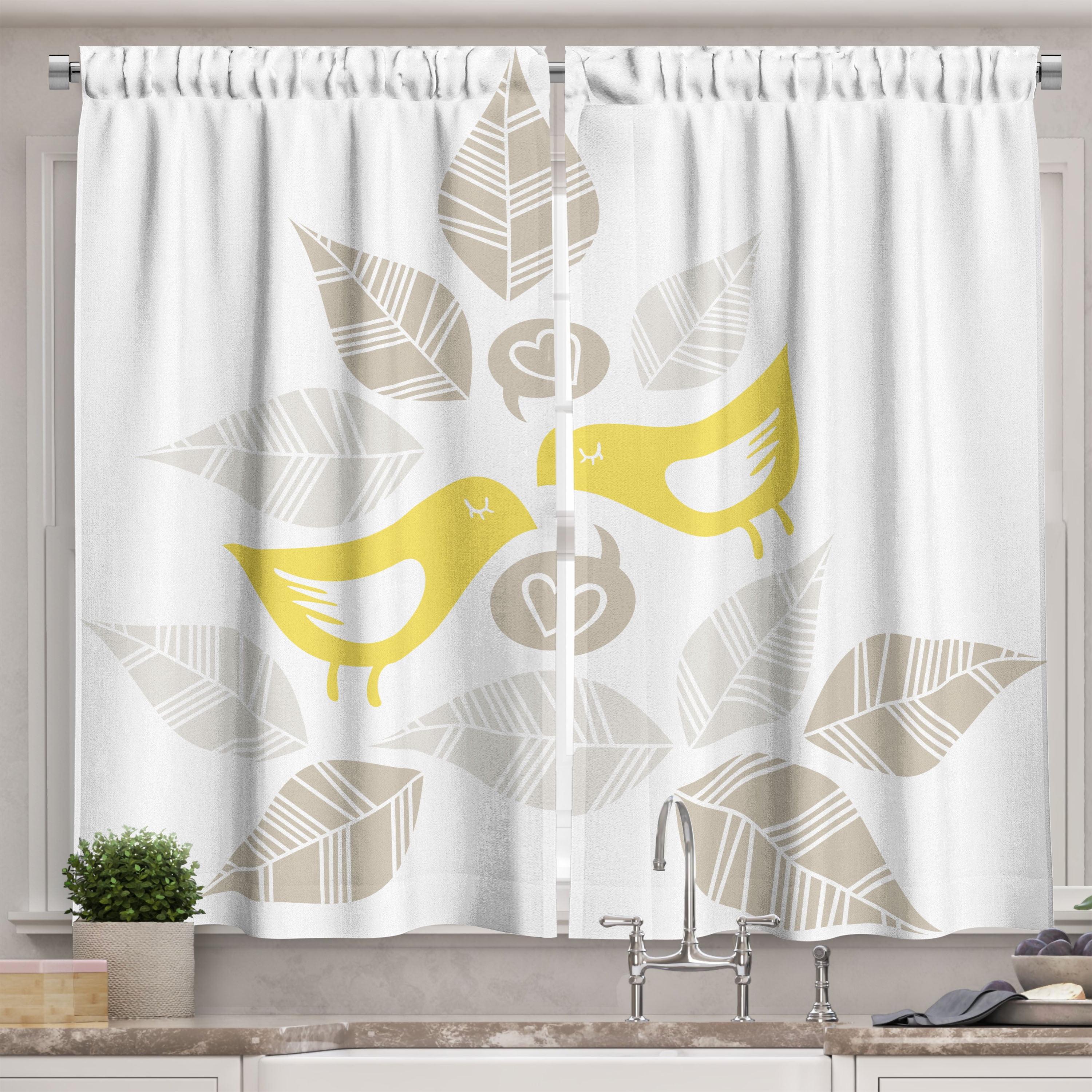 Abstract Birds and Leaves White Polyester Kitchen Curtains