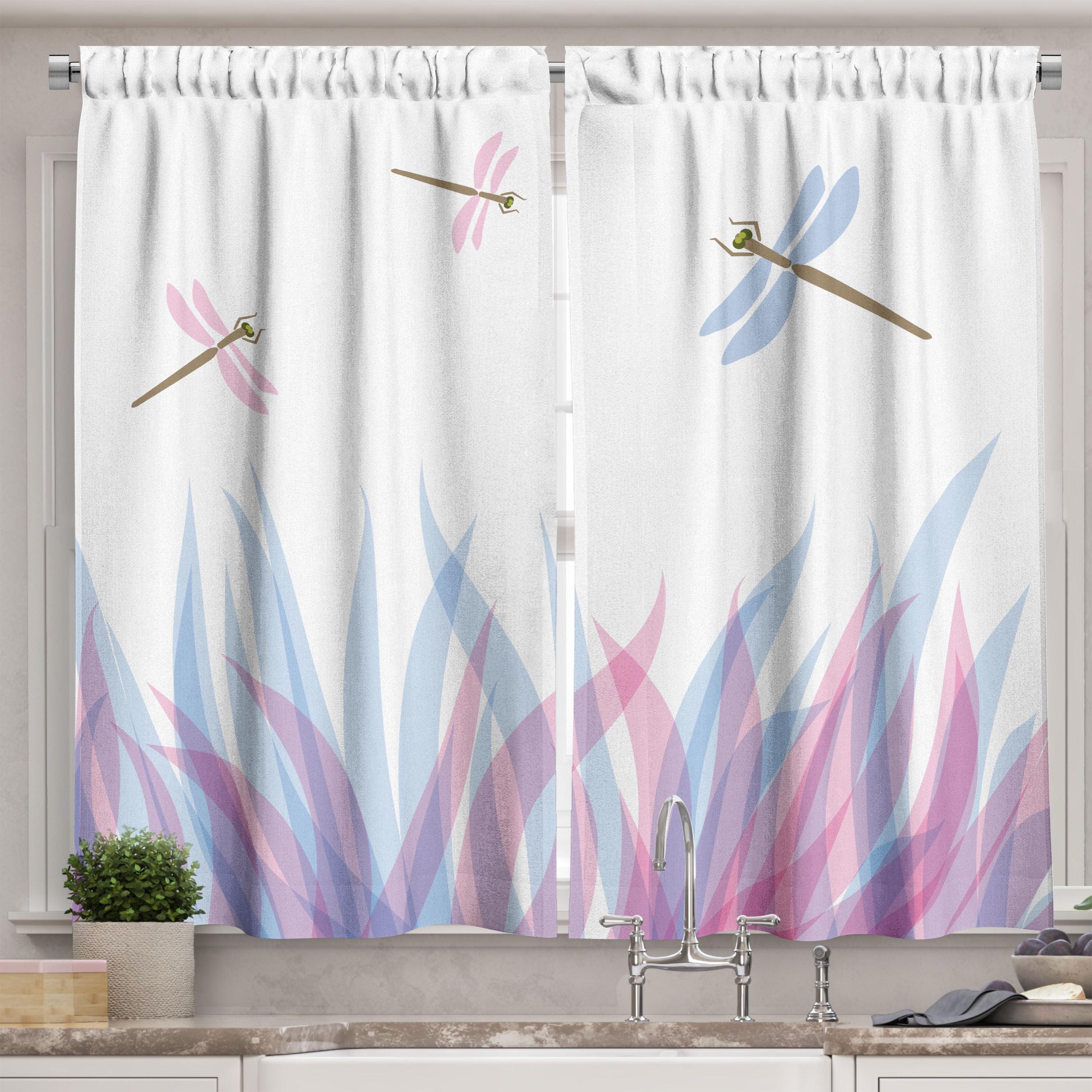 Blue and Pink Dragonfly Polyester Kitchen Tier Curtains