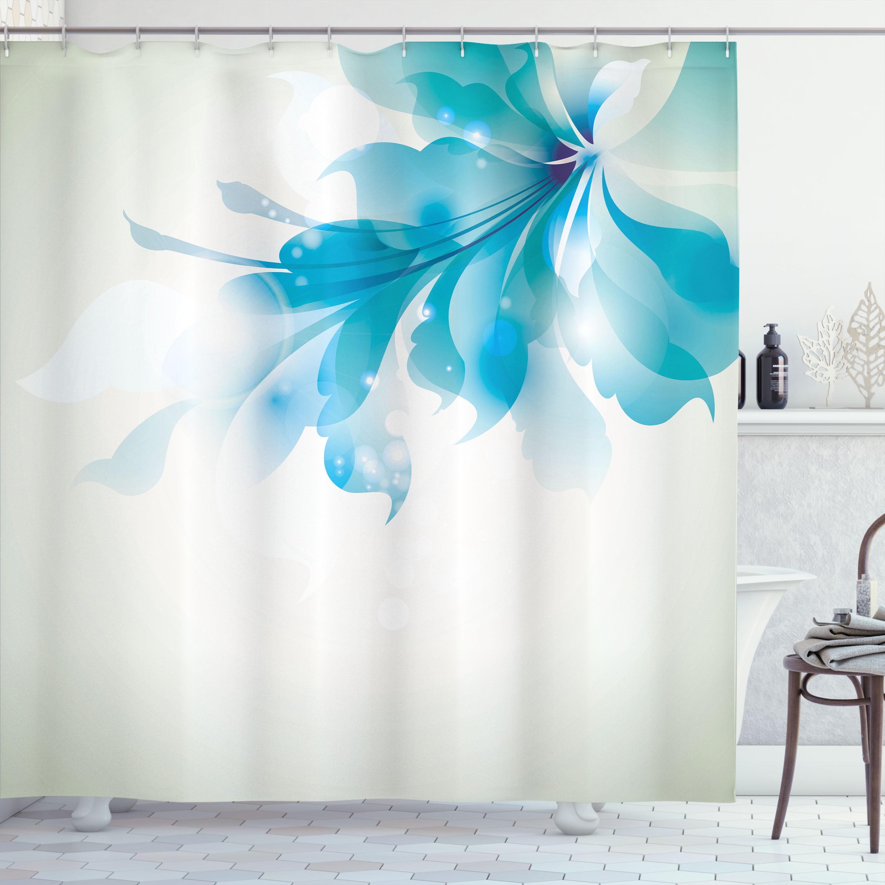 Sky Blue Floral Fabric Shower Curtain with Hooks