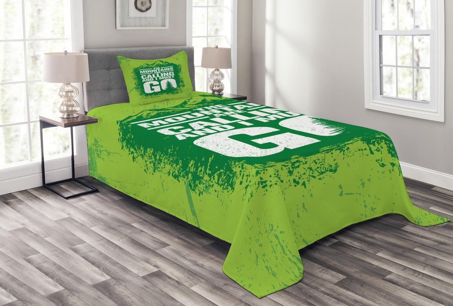 Ambesonne Adventure Bedspread Grungy Mountains Text Lime Green Fern Green