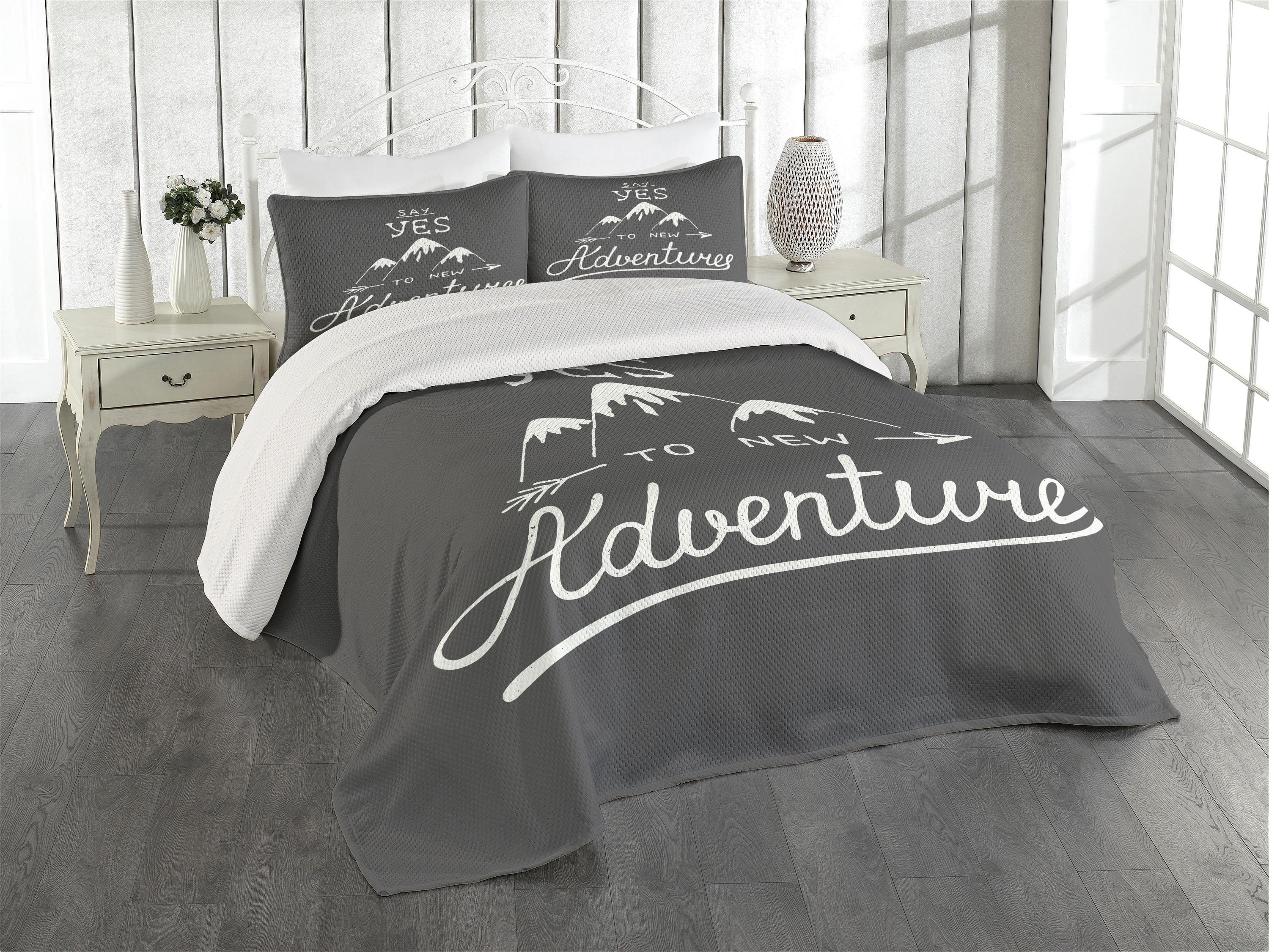 Ambesonne Adventure Bedspread Set Words and Mountains Charcoal Grey and White