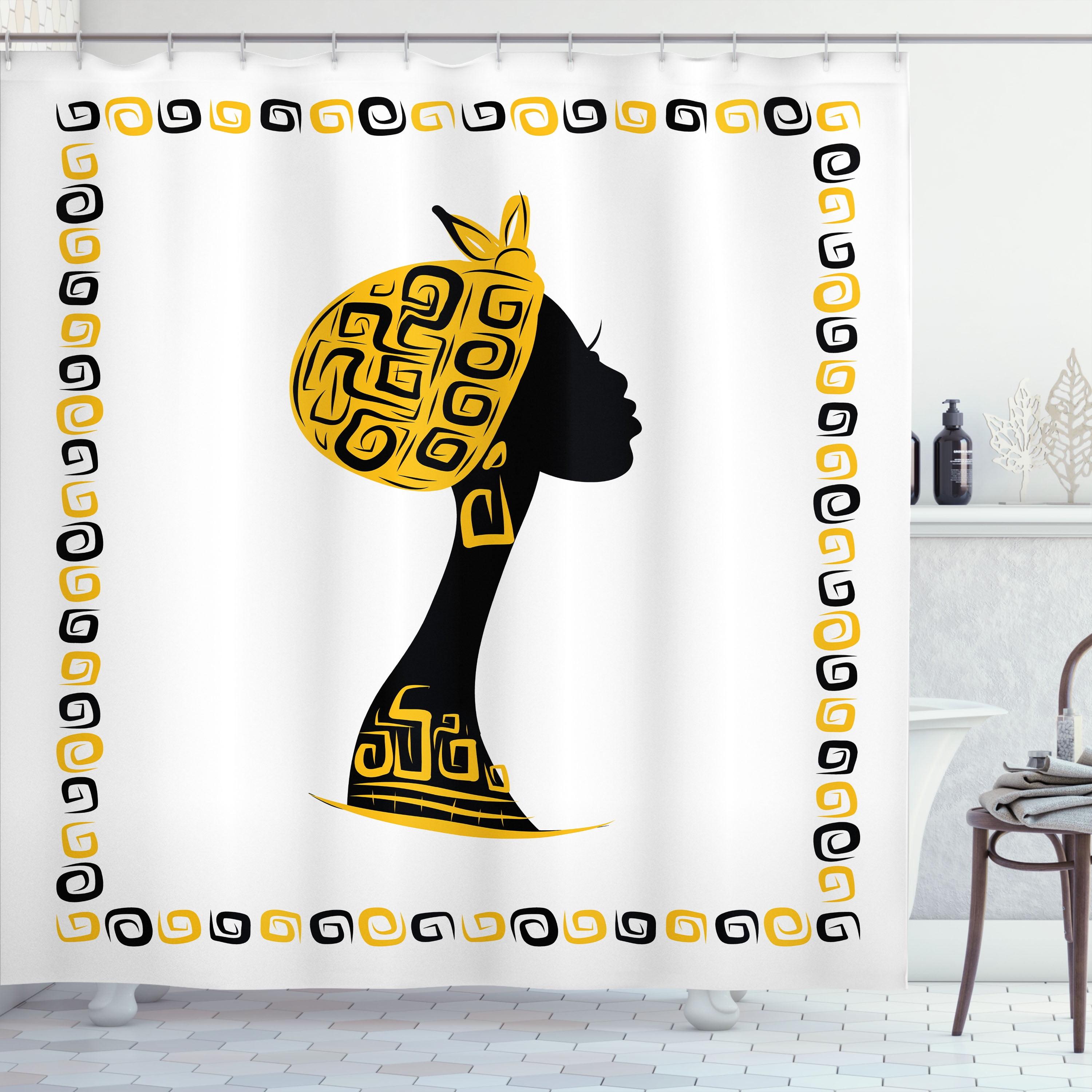 Afro-Inspired Black and Yellow Fabric Shower Curtain with Hooks