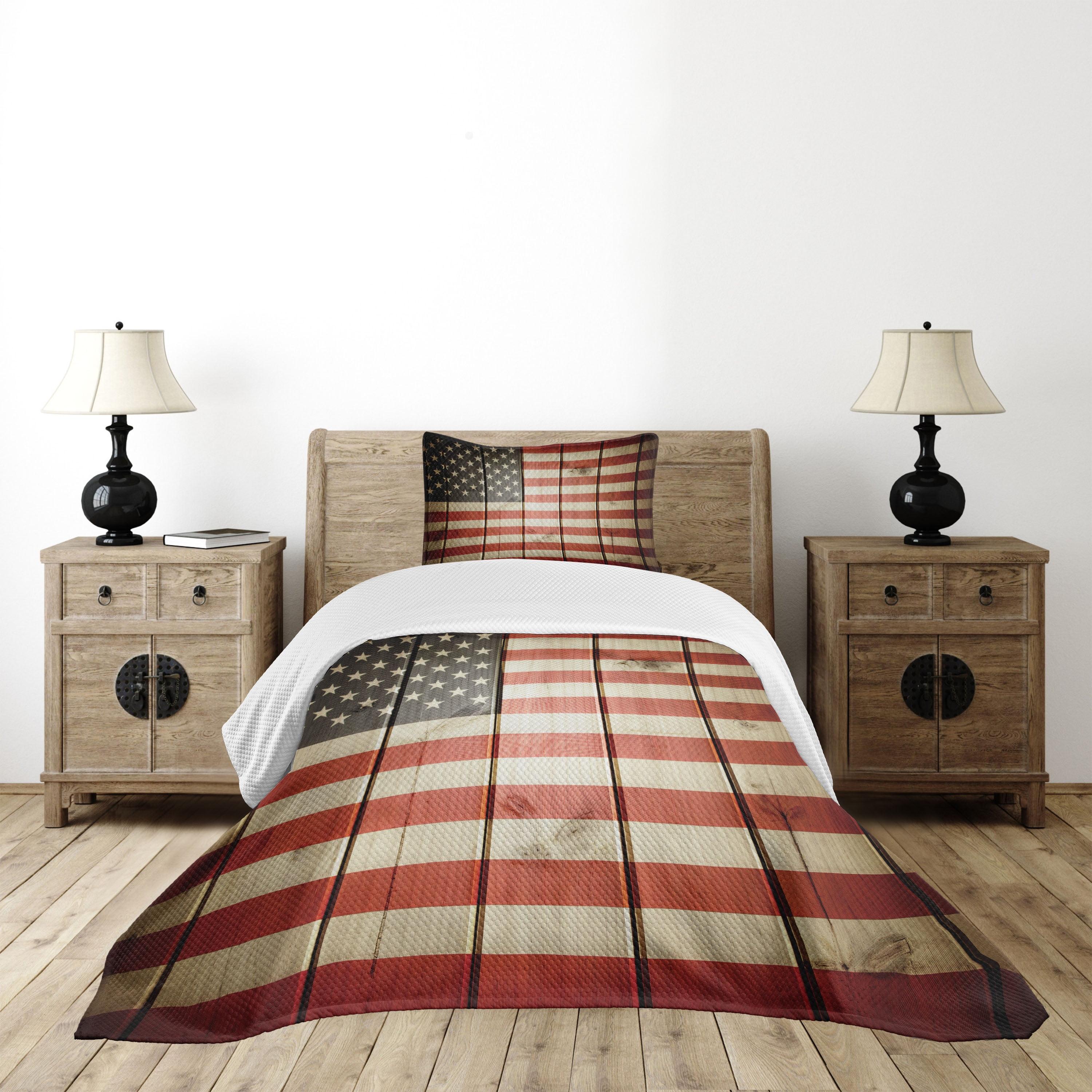 Twin Blue Quilted American Flag Bedspread Set