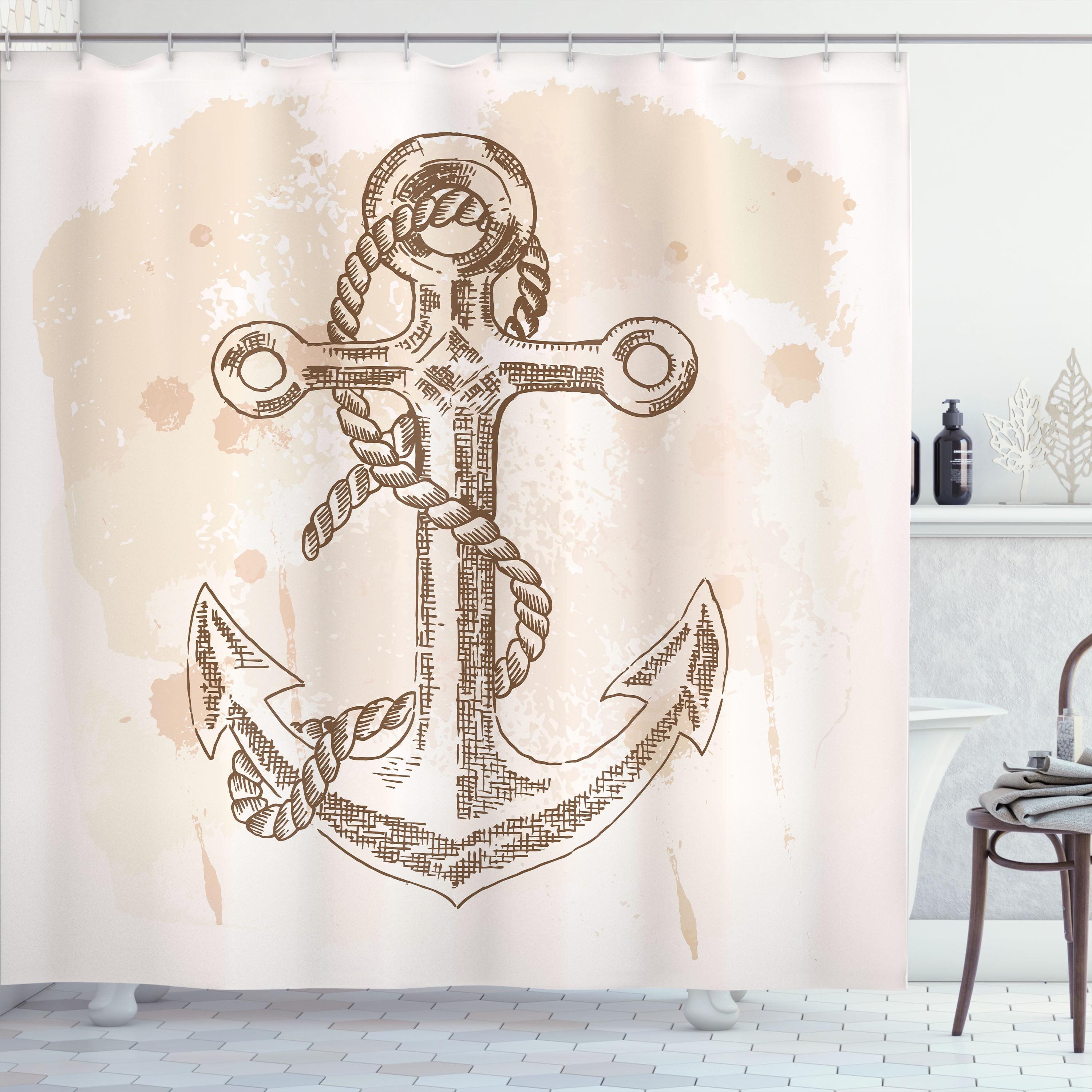 Nautical Anchor Cream and Brown Fabric Shower Curtain with Hooks