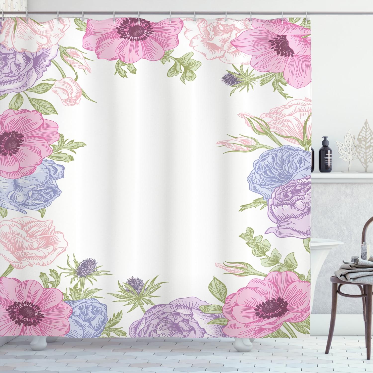 Floral Anemone Shower Curtain with Hooks, 75" H x 69" W, Pink and Blue