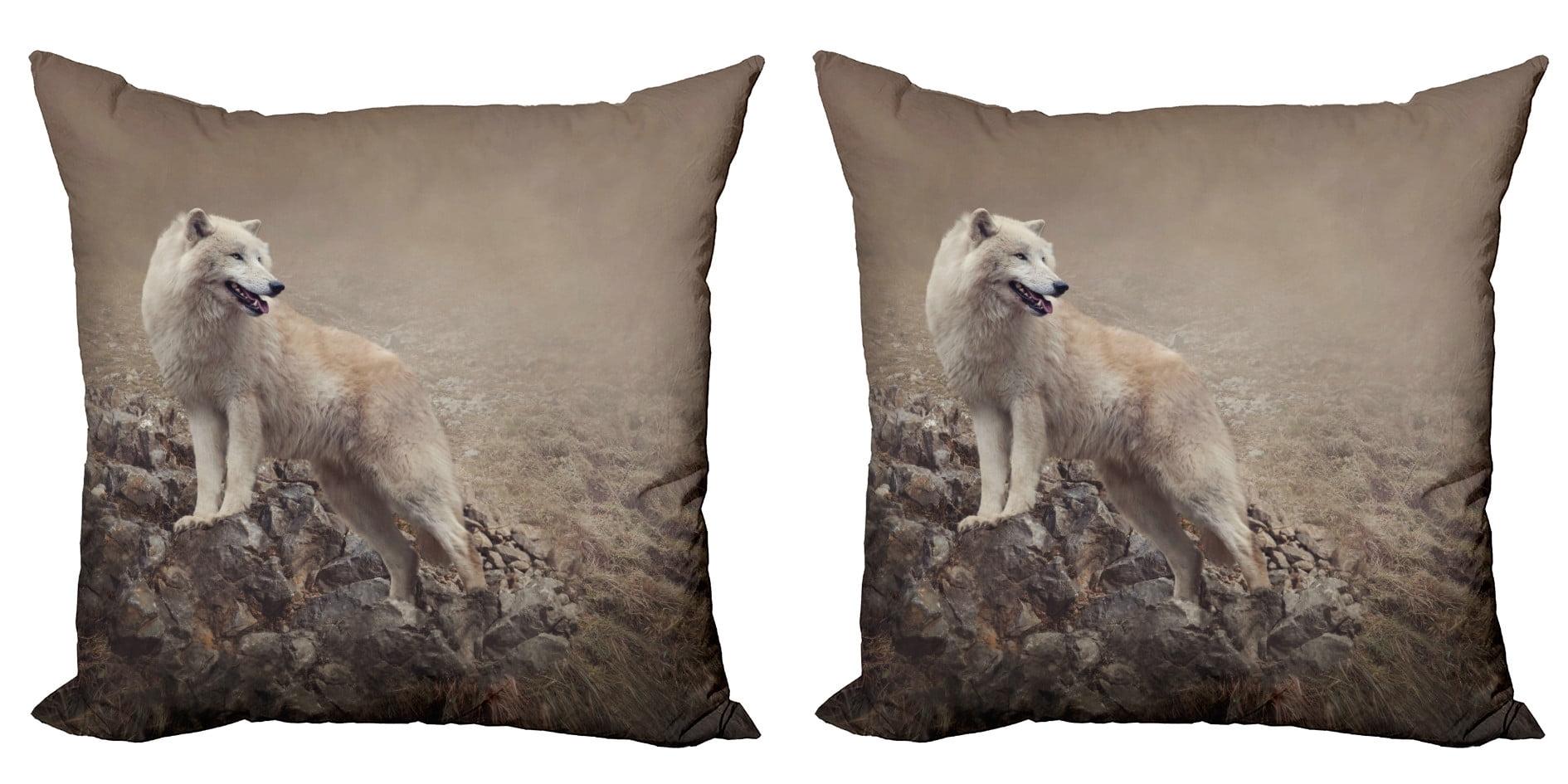 Ambesonne Animal Pillow Sham 2 Pack White Wolf on the Rocks Warm Taupe