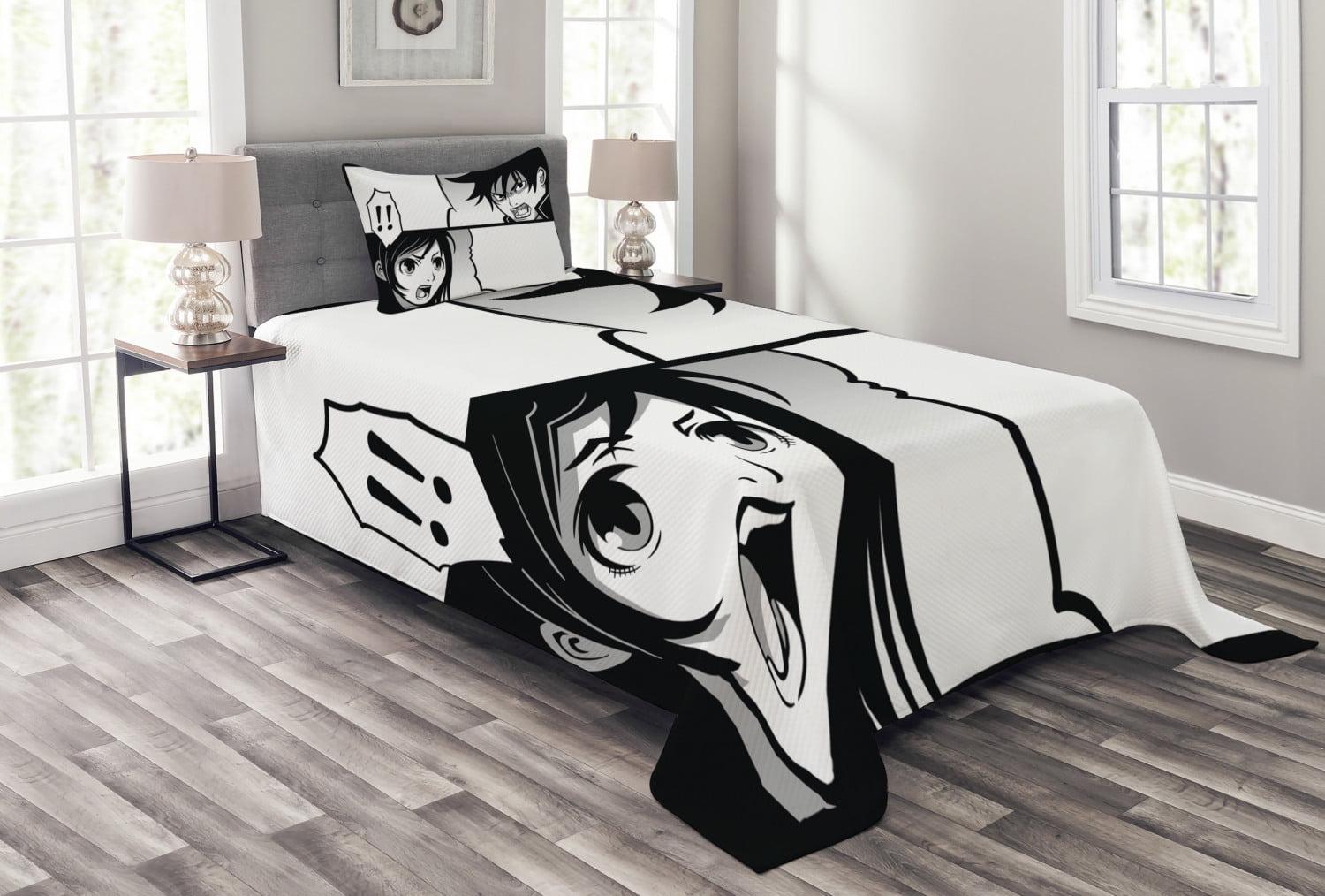 Ambesonne Anime Bedspread Set Japanese Cartoon Comic Black White Grey