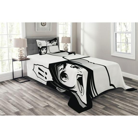 Ambesonne Ambesonne Anime Bedspread Set Japanese Cartoon Comic Black White Grey