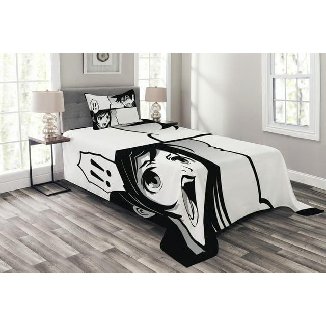 Ambesonne Ambesonne Anime Bedspread Set Japanese Cartoon Comic Black White Grey