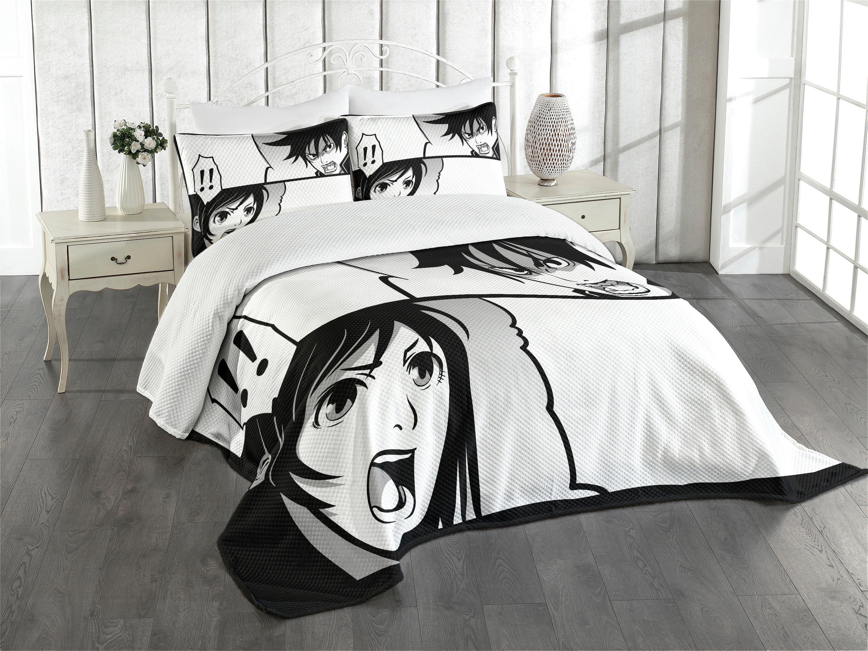 Ambesonne Ambesonne Anime Bedspread Set Japanese Cartoon Comic Black White Grey