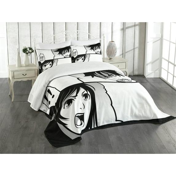 Ambesonne Ambesonne Anime Bedspread Set Japanese Cartoon Comic Black White Grey