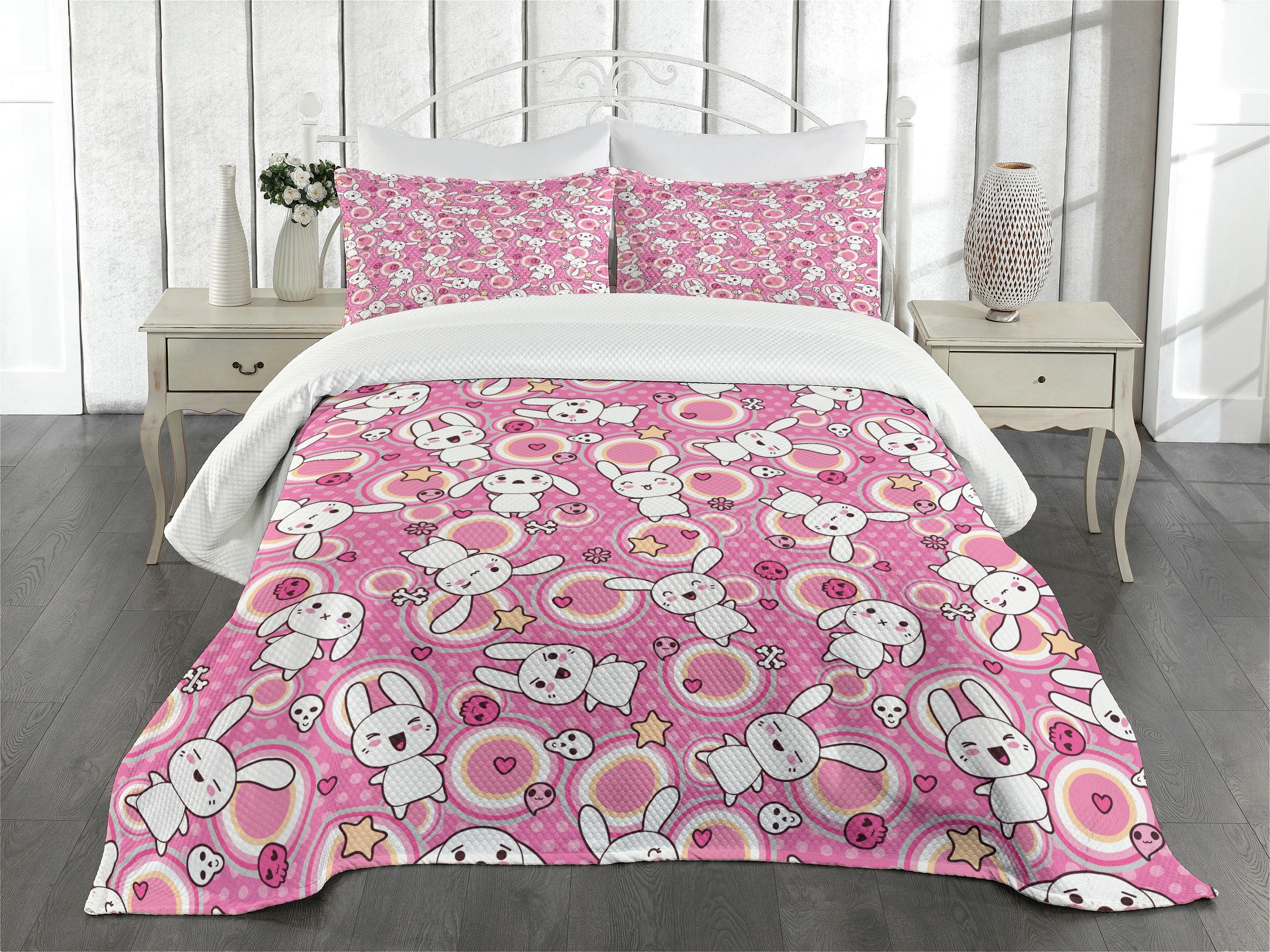 Quilted White and Pink Kids Queen Bedspread Set