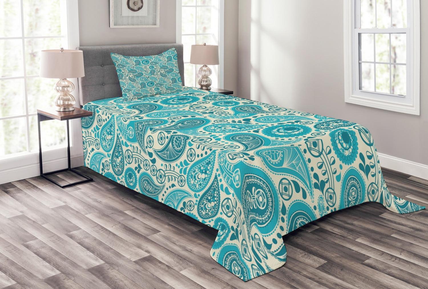 Paisley Blue Twin Quilted Bedspread Set with Sham