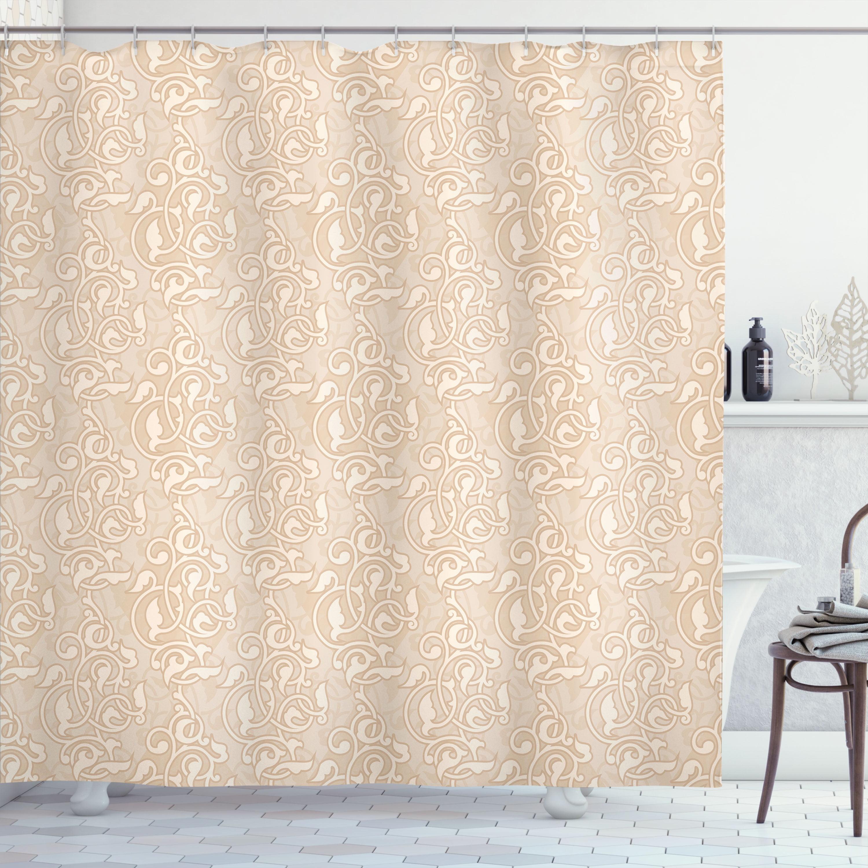 Beige Fabric Shower Curtain with Floral Patterns and Hooks